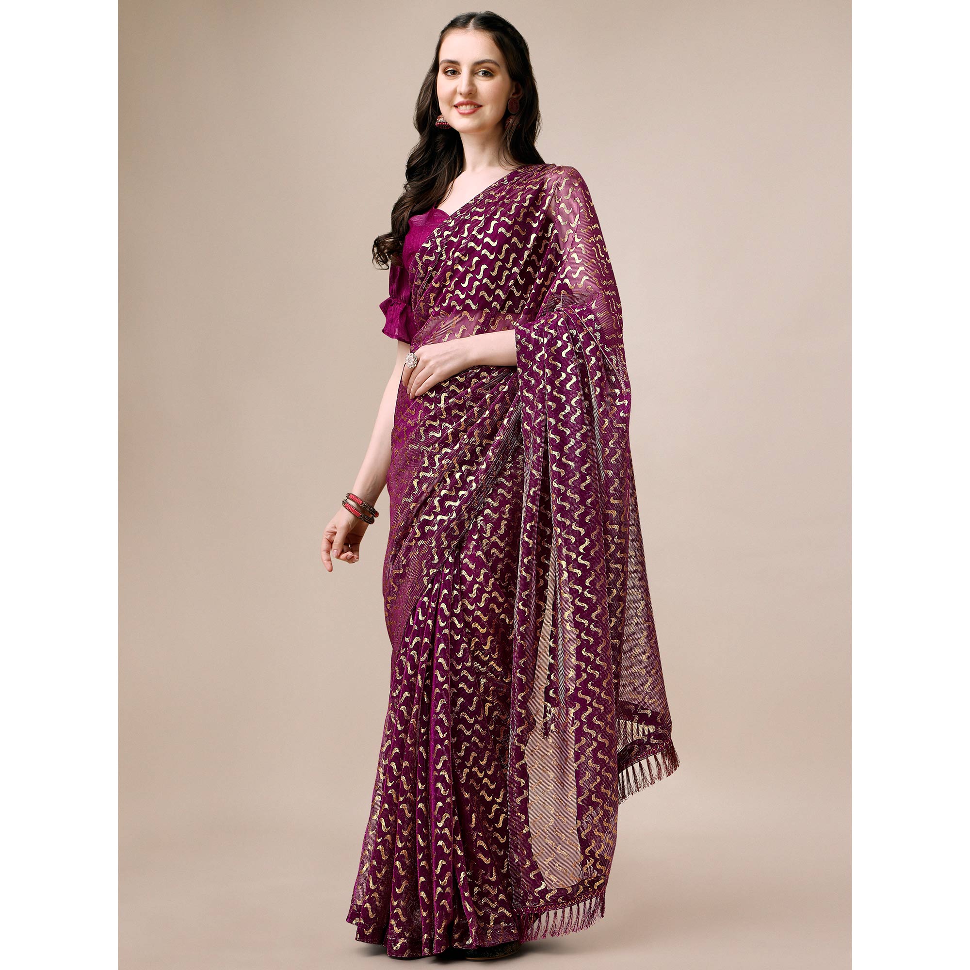 Wine Foil Printed Rayon Saree