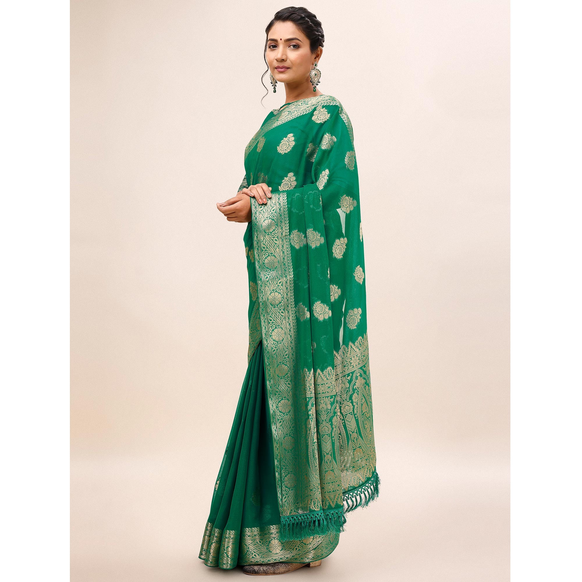 Green Woven Chiffon Saree With Tassels