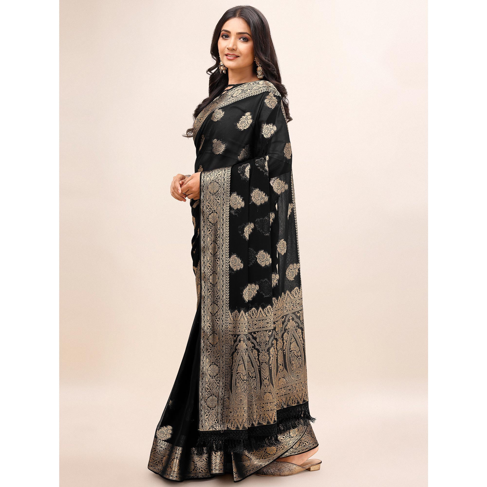 Black Woven Chiffon Saree With Tassels