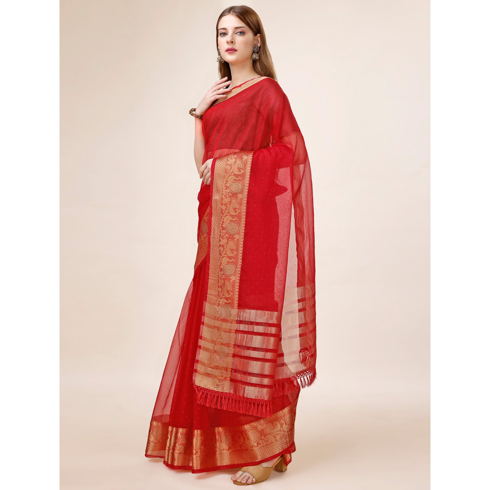 Red Swarovski Work Organza Saree With Tassels