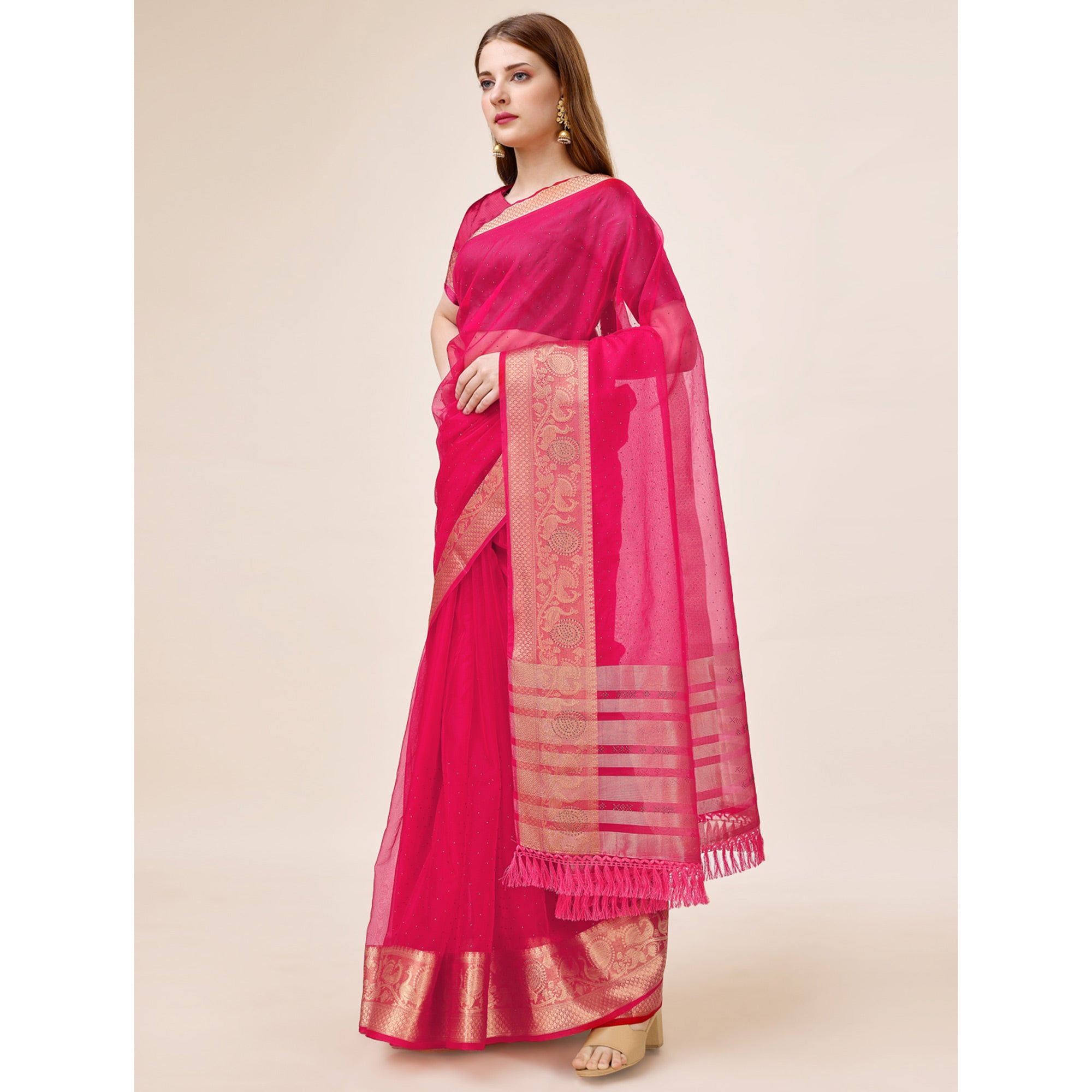 Pink Swarovski Work Organza Saree With Tassels