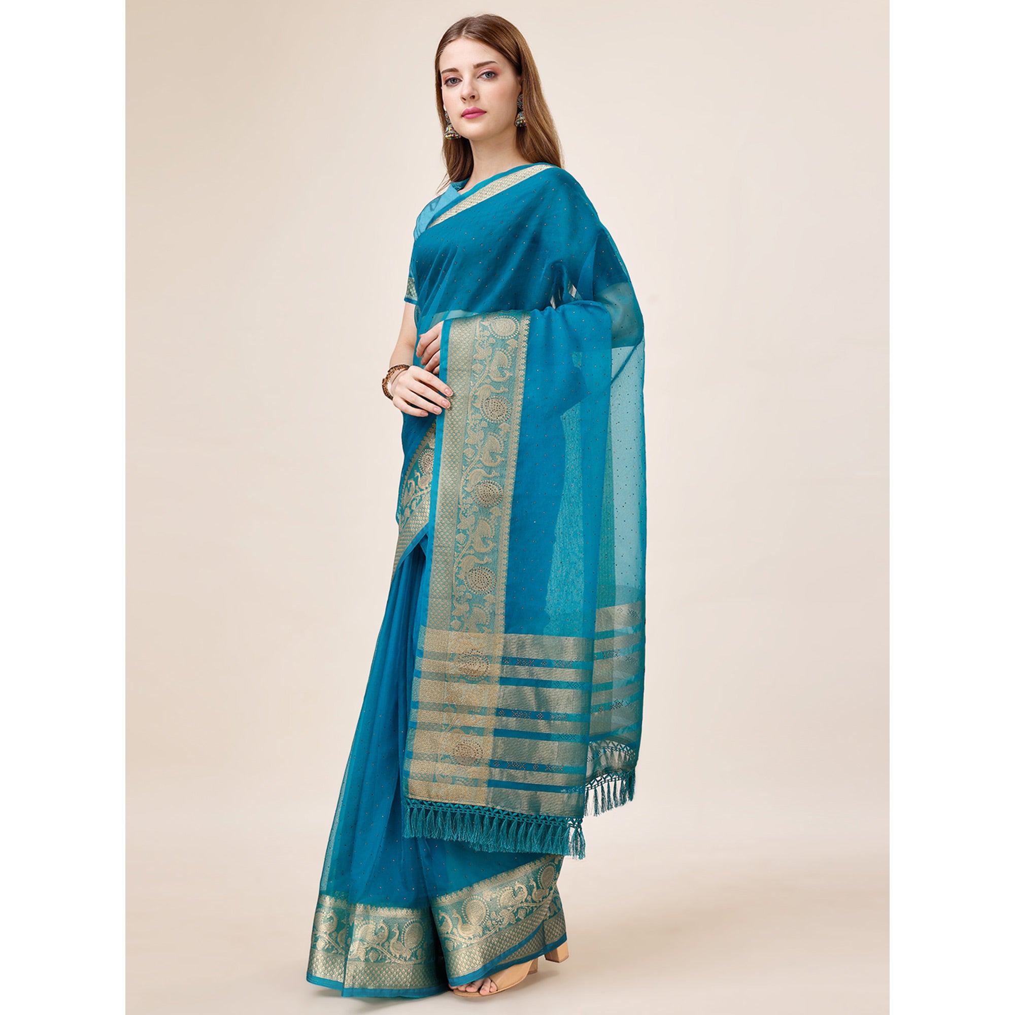 Blue Swarovski Work Organza Saree With Tassels