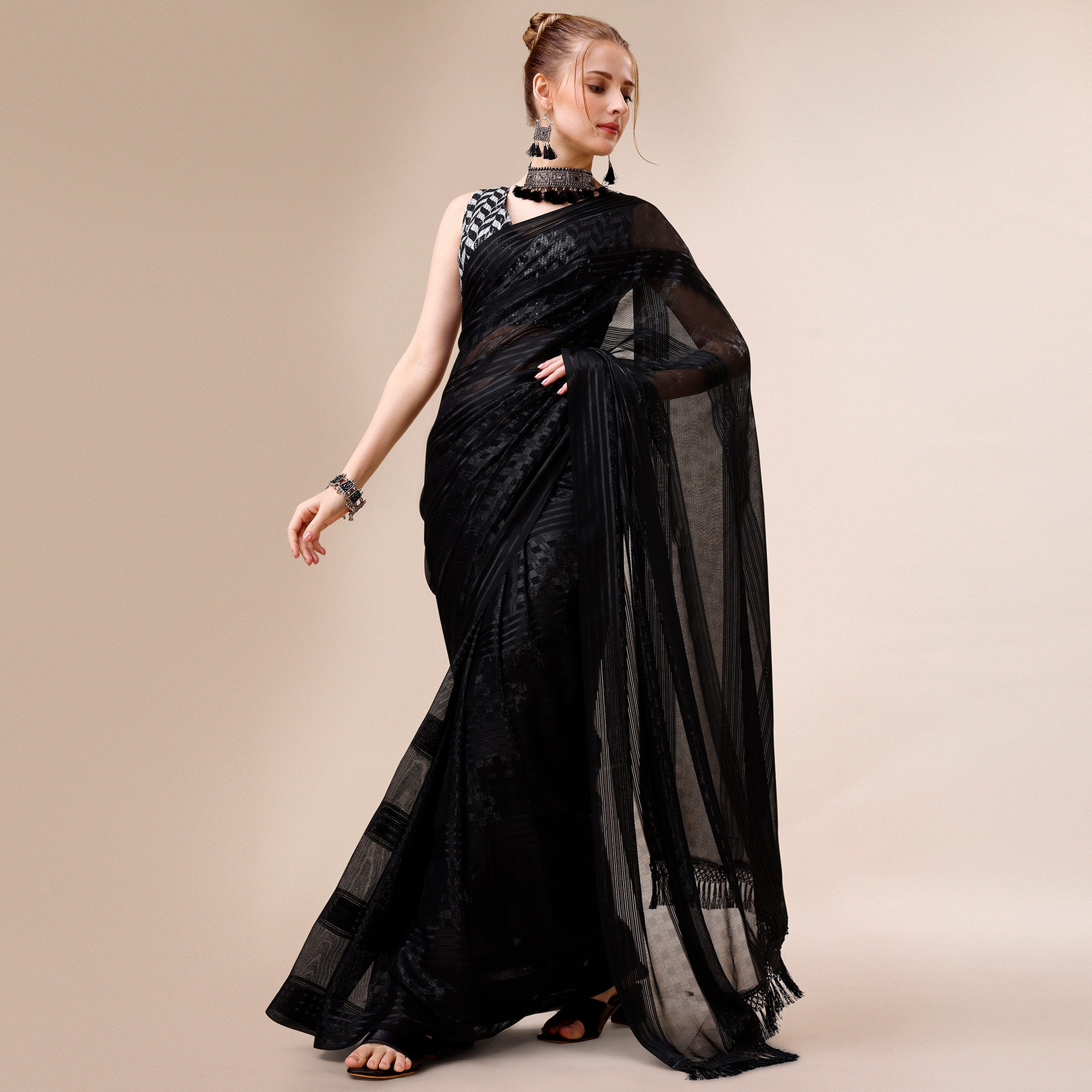 Black Striped Woven Chiffon Saree