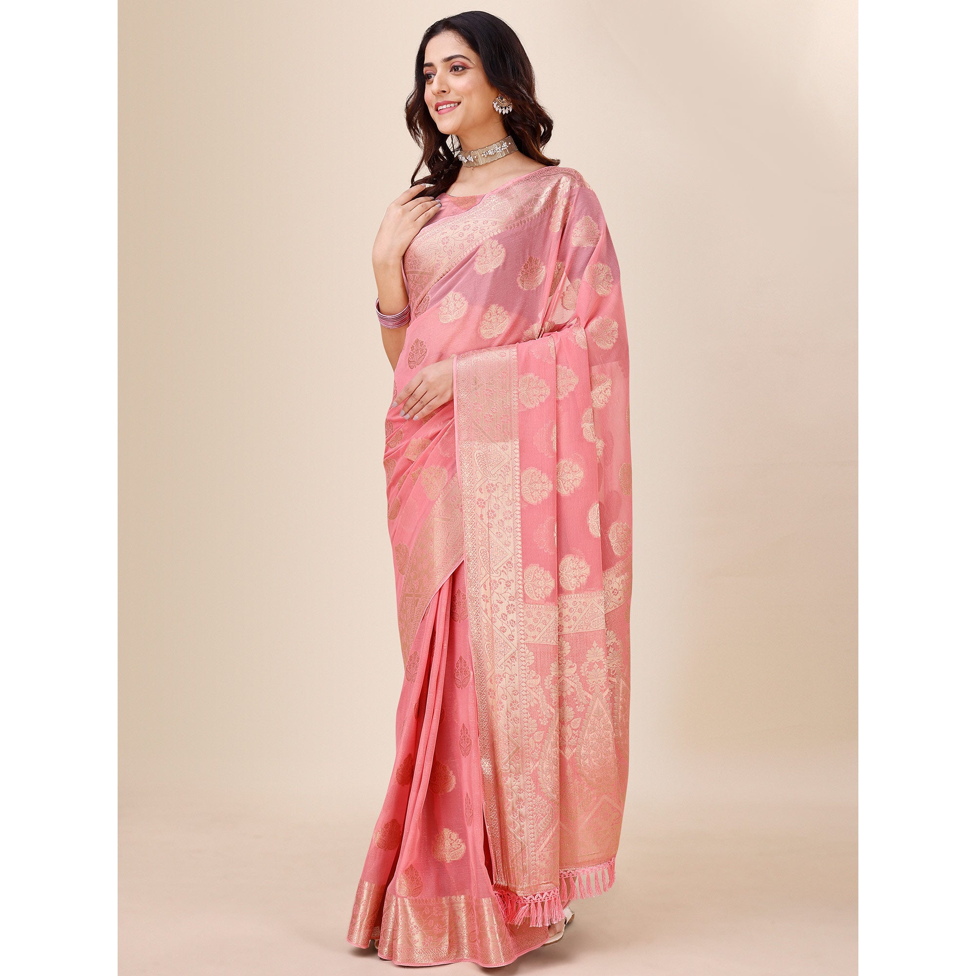 Light Pink Woven Chiffon Saree