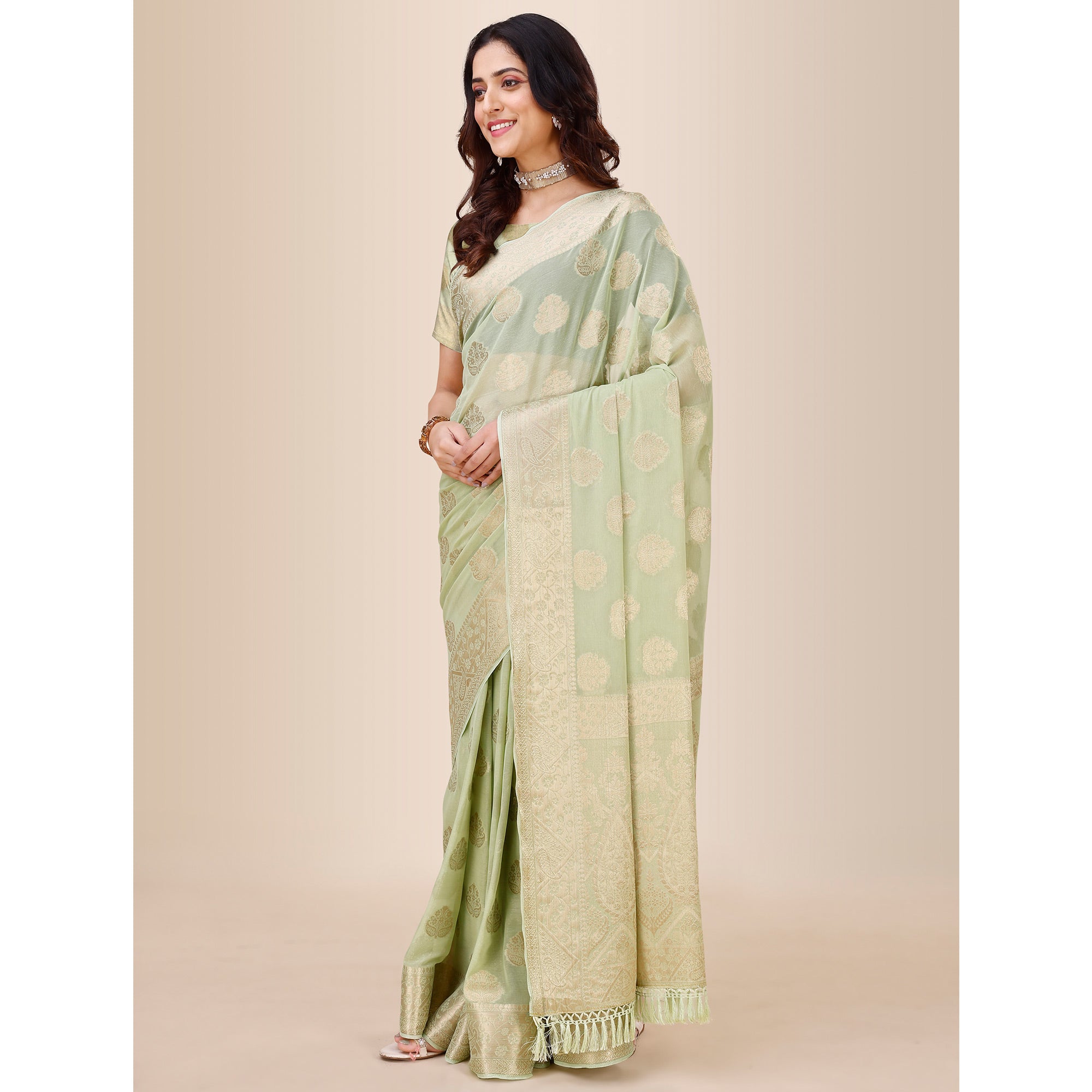 Light Green Woven Chiffon Saree