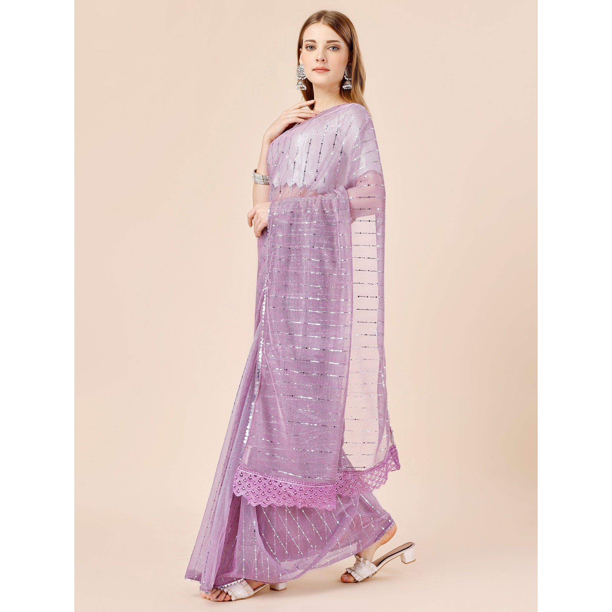 Lavender Tikki Work Lycra Saree With Embroidered Border