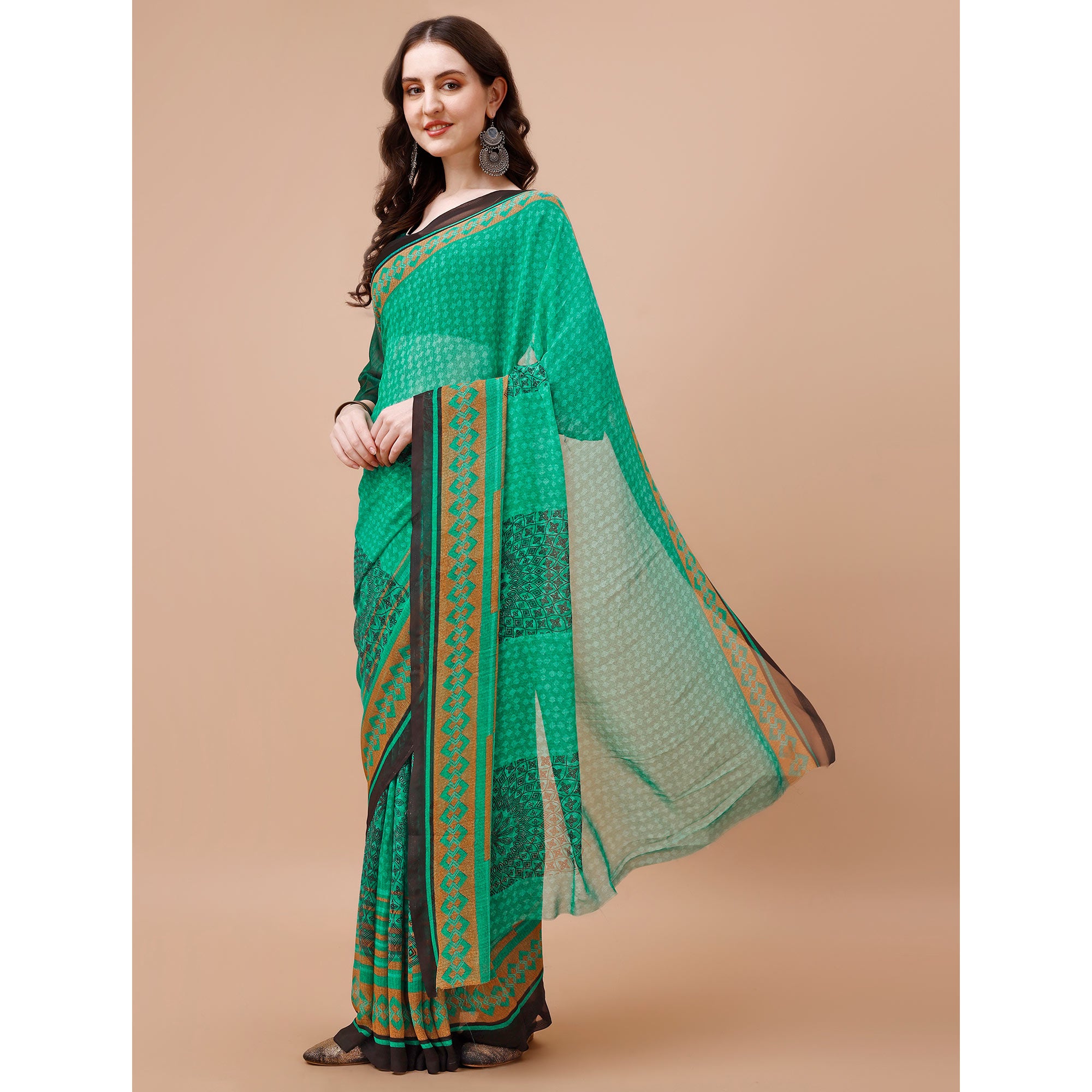 Green Floral Printed Georgette Saree