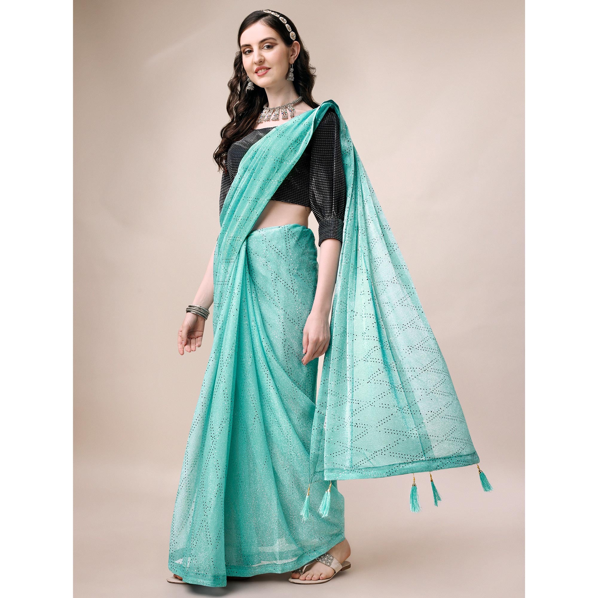 Turquoise Foil Printed Raw Silk Saree