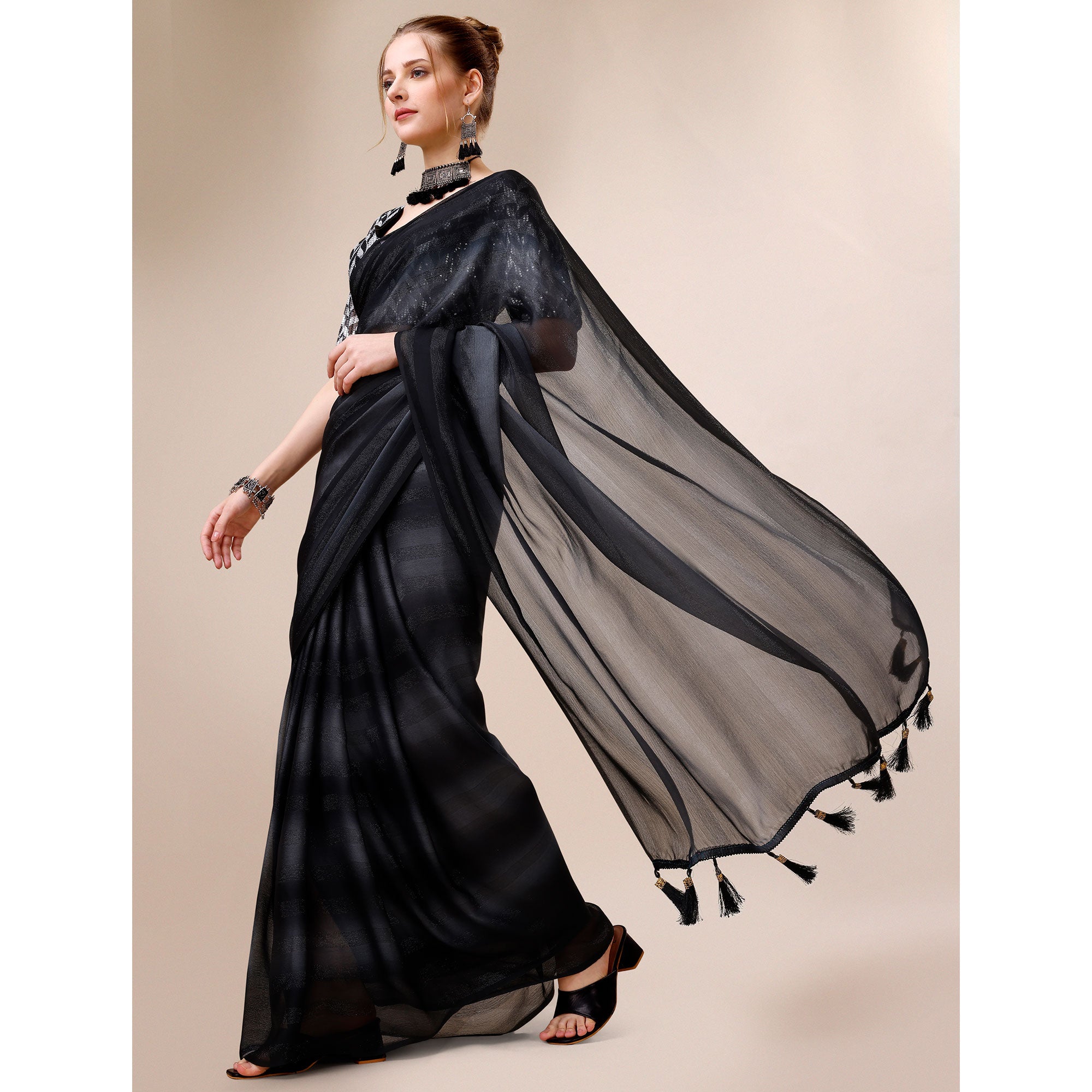 Black Striped Woven Chiffon Saree