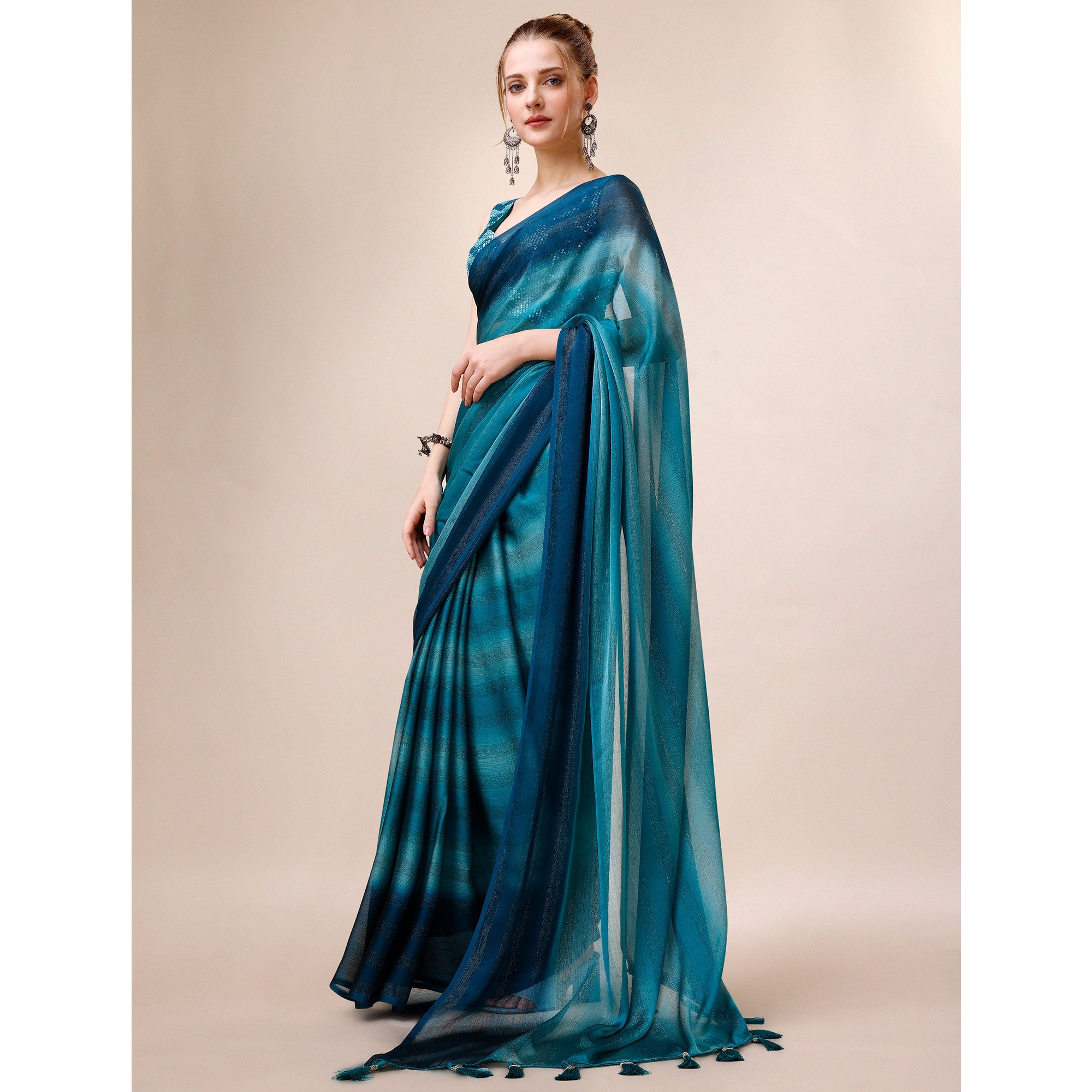 Teal Blue Striped Woven Chiffon Saree