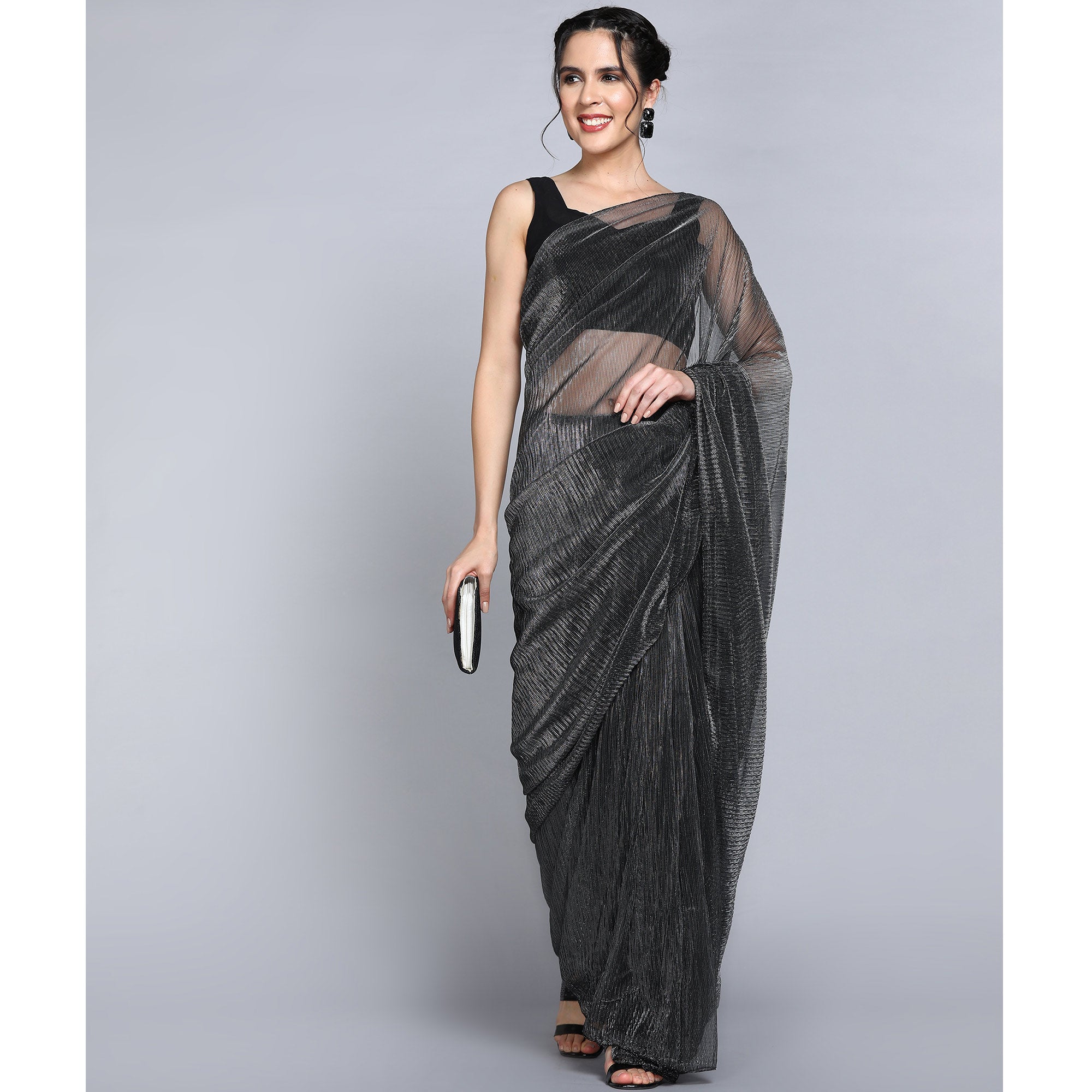 Black Solid Lycra Crush Saree