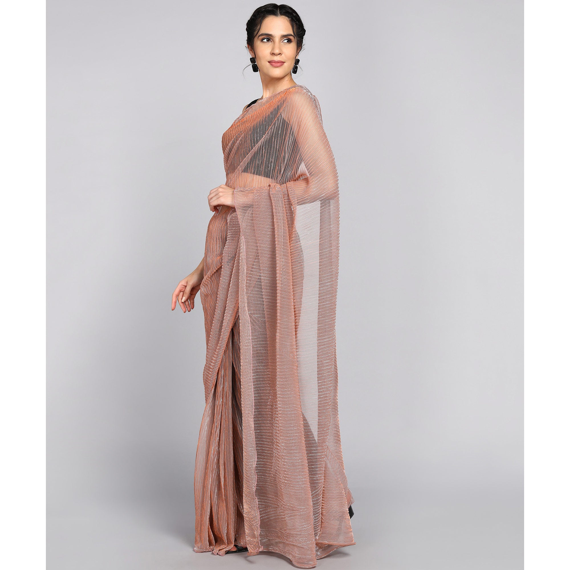 Peach Solid Lycra Crush Saree