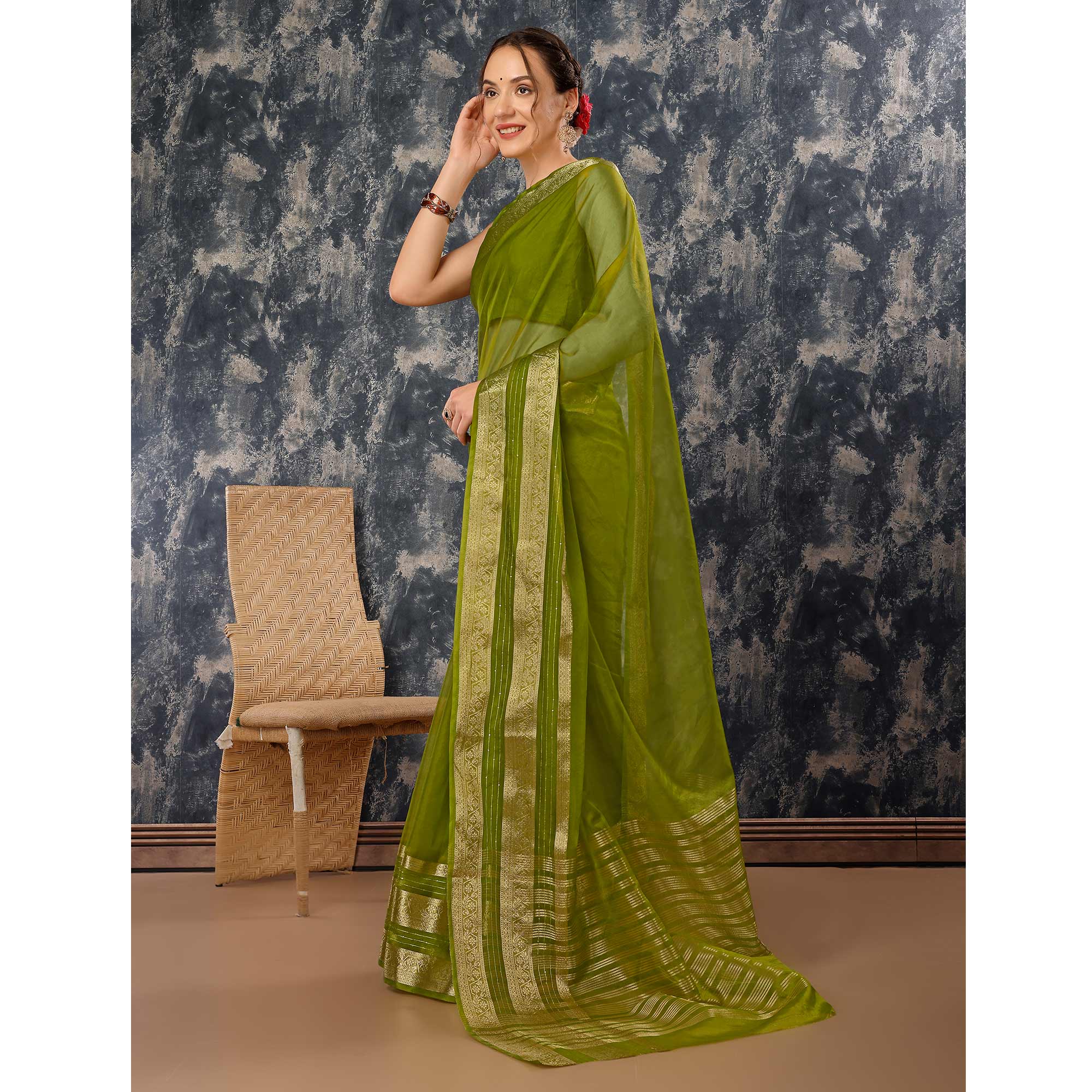 Mehendi Green Floral Zari Woven Organza Saree