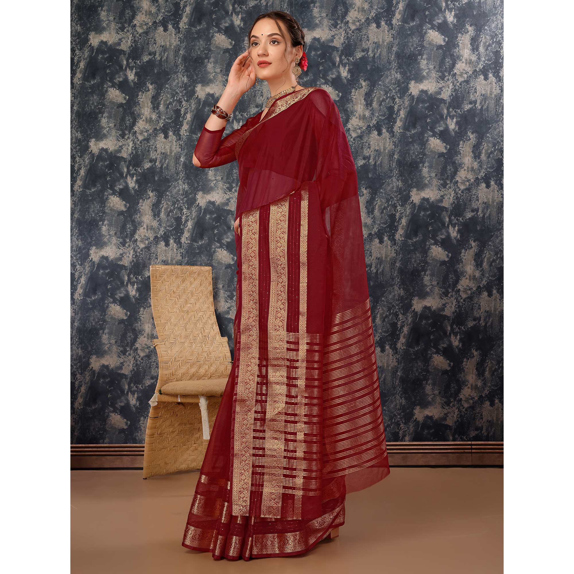 Maroon Floral Zari Woven Organza Saree