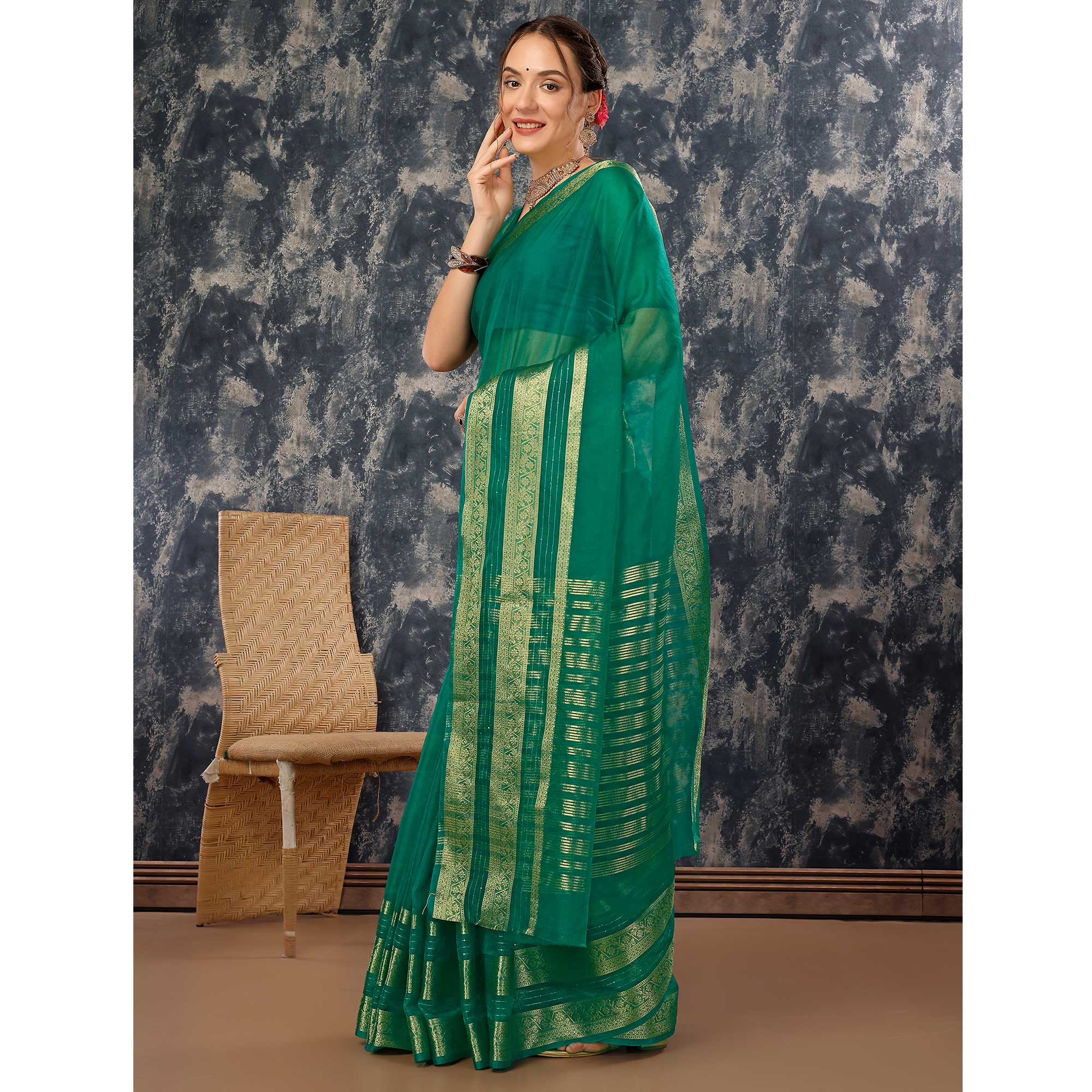 Green Floral Zari Woven Organza Saree