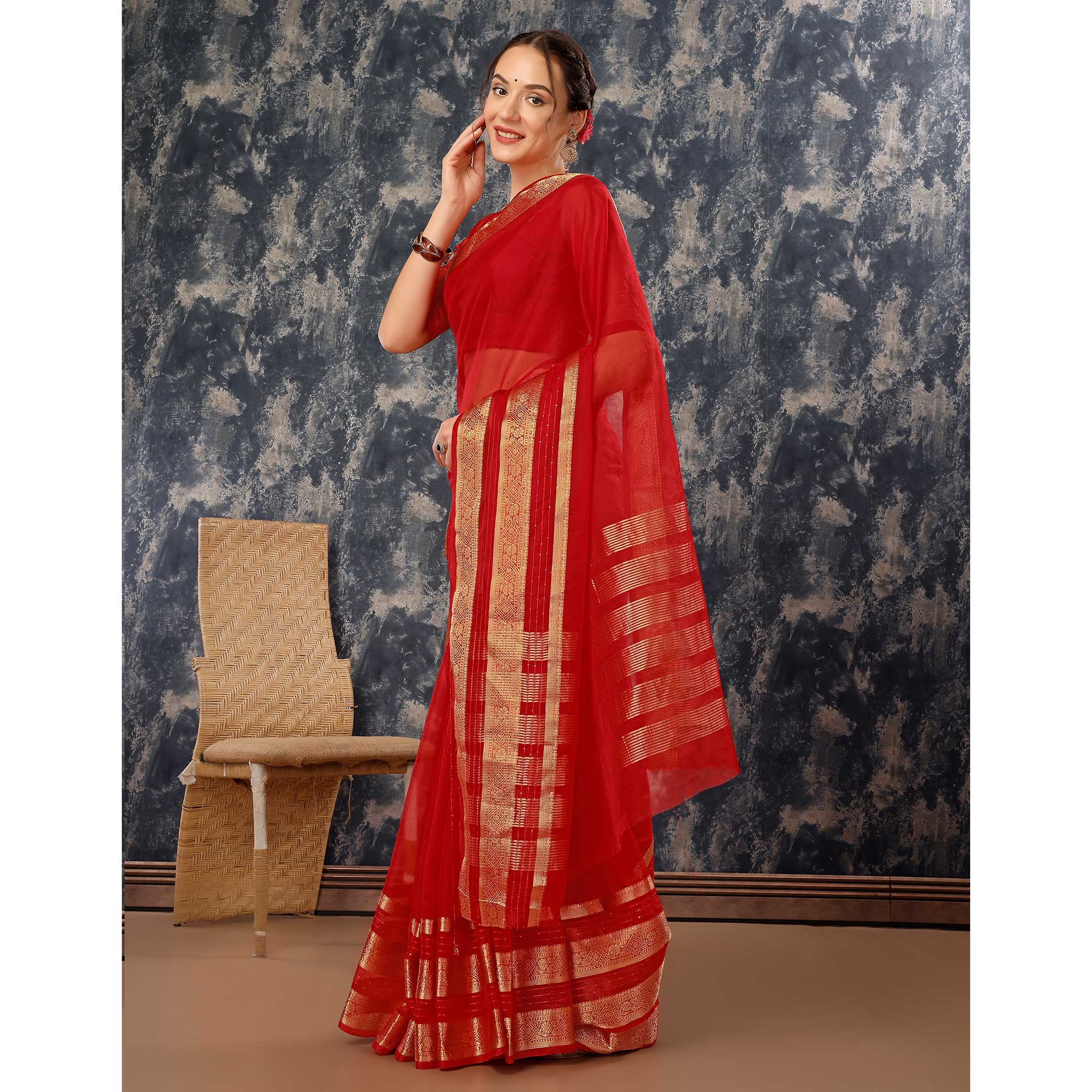 Red Floral Zari Woven Organza Saree