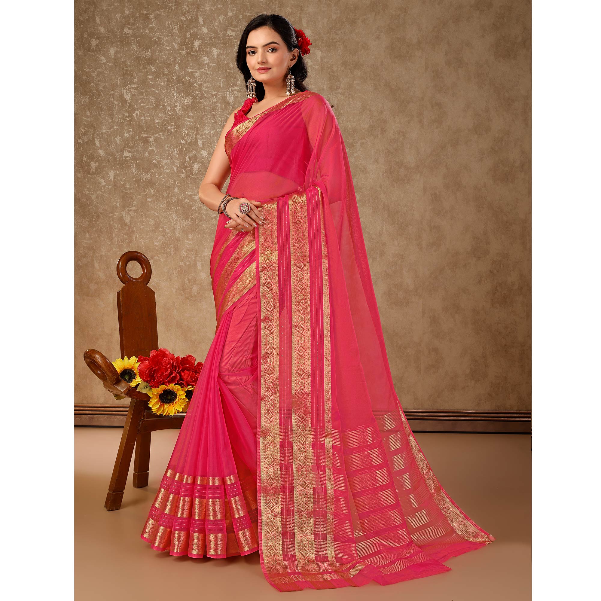 Pink Floral Zari Woven Organza Saree