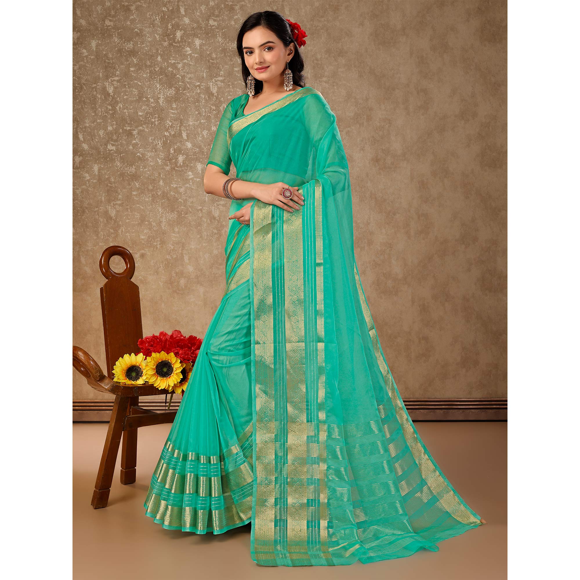 Rama Green Floral Zari Woven Organza Saree