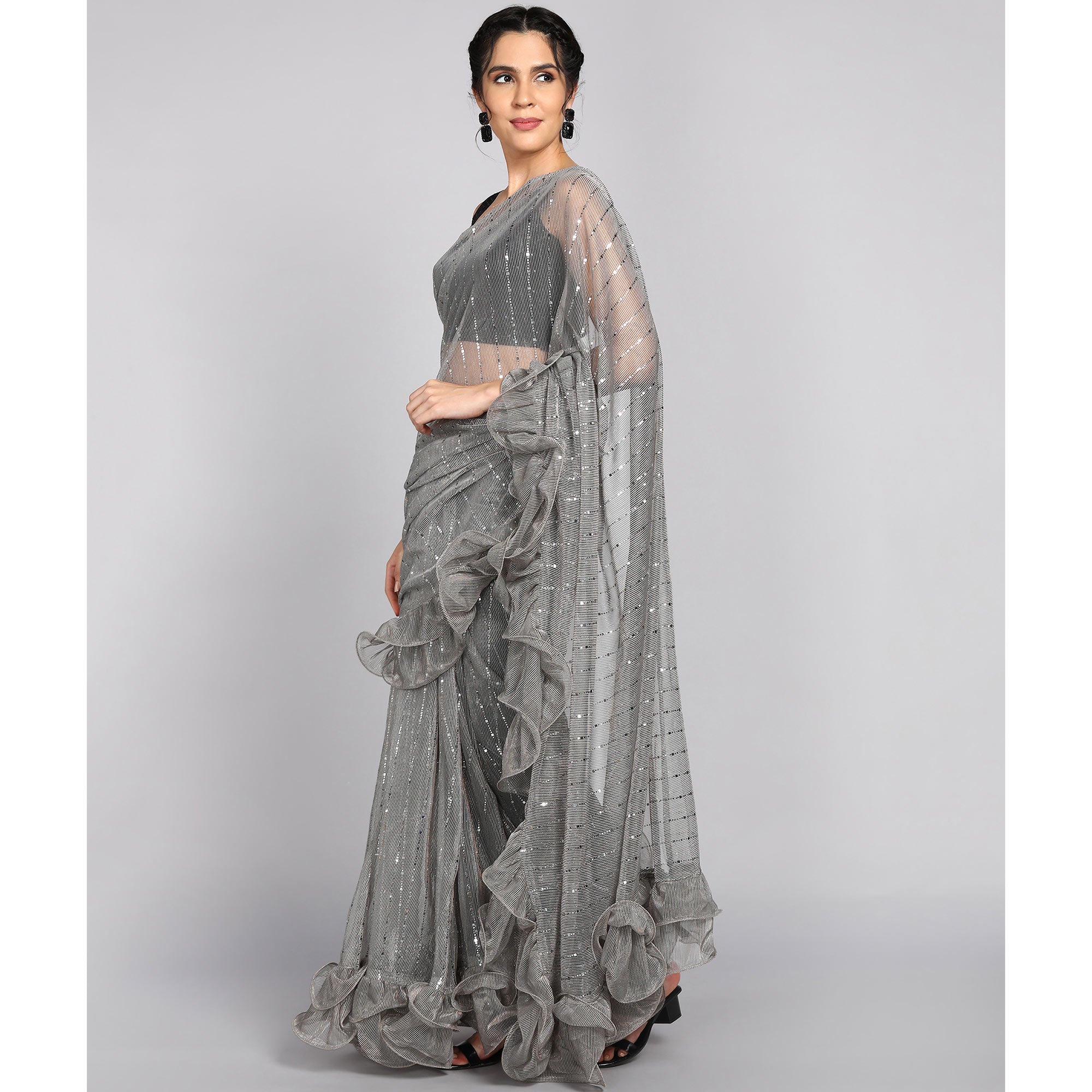 Grey Tikki Work Lycra Ruffle Saree