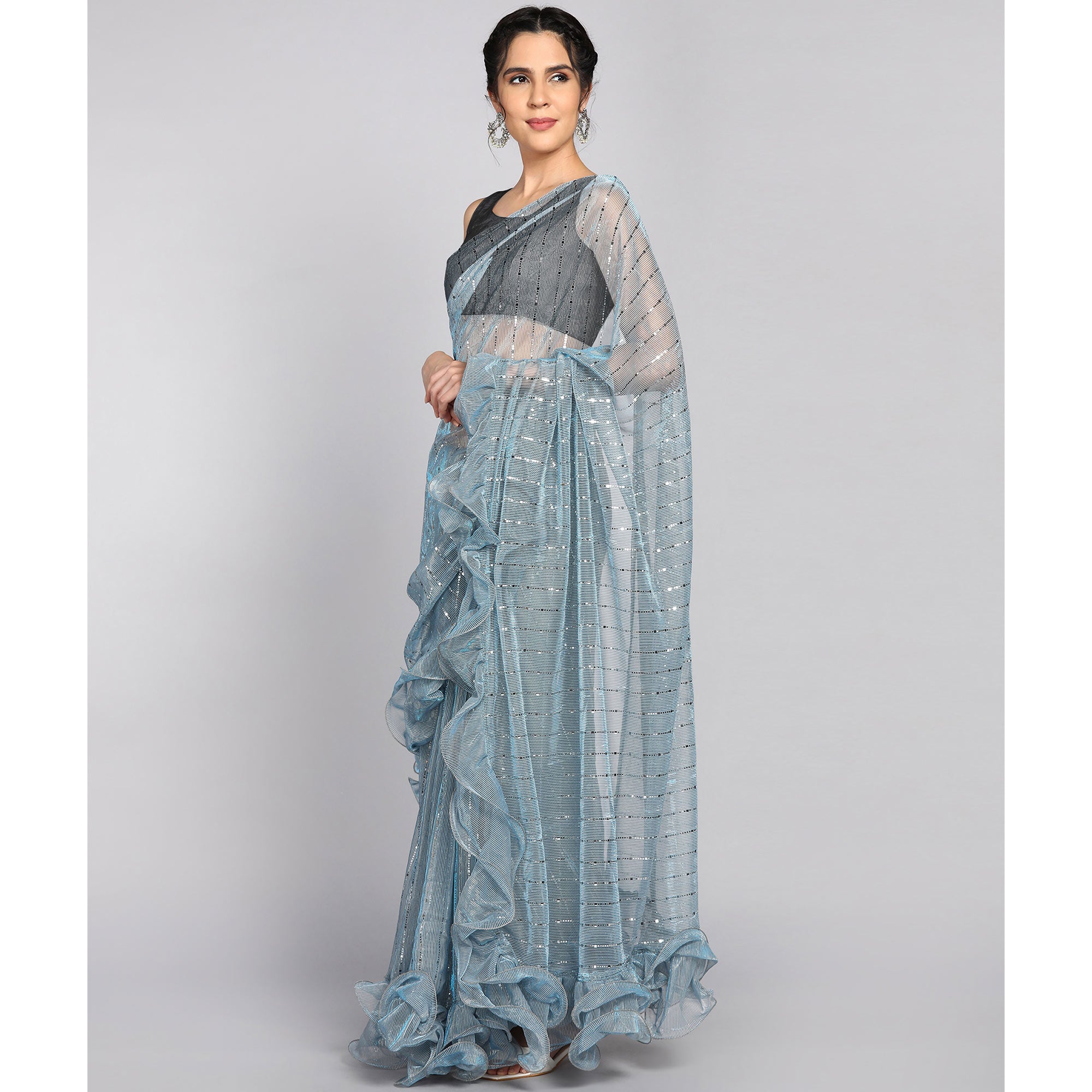 Sky Blue Tikki Work Lycra Ruffle Saree