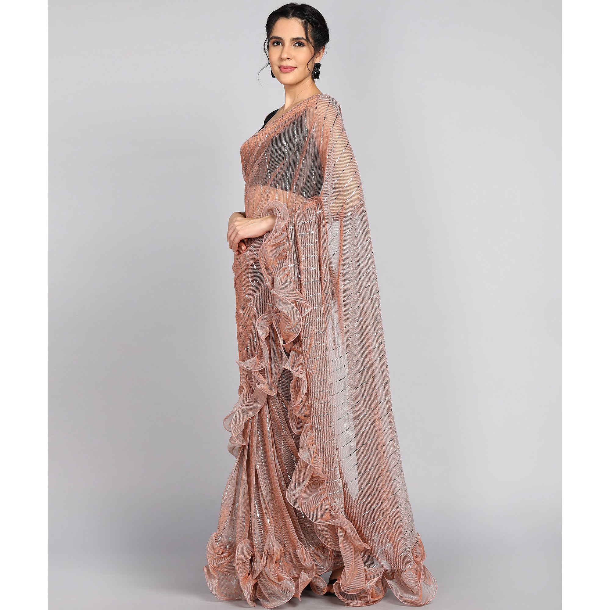 Peach Tikki Work Lycra Ruffle Saree
