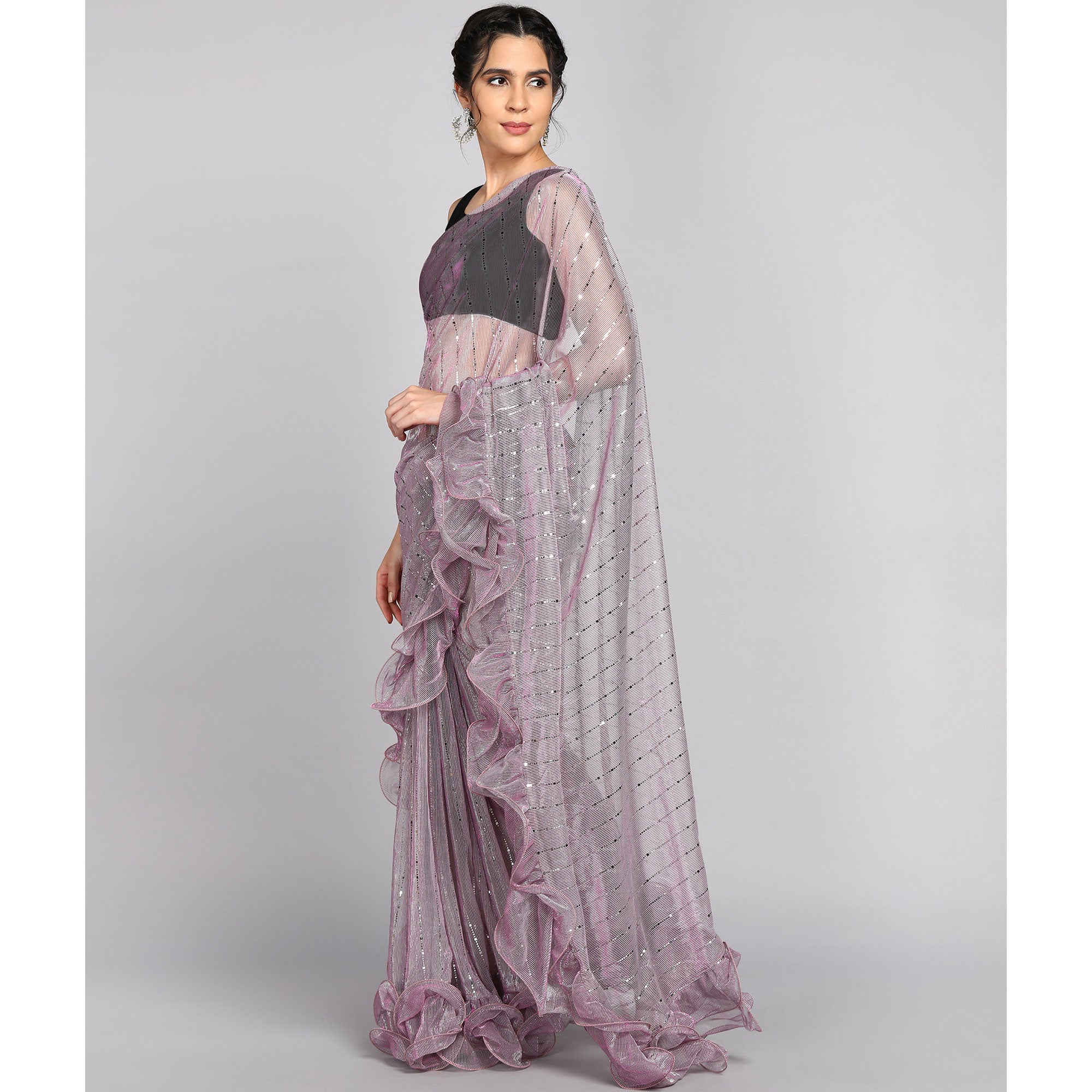 Light Mauve Tikki Work Lycra Ruffle Saree