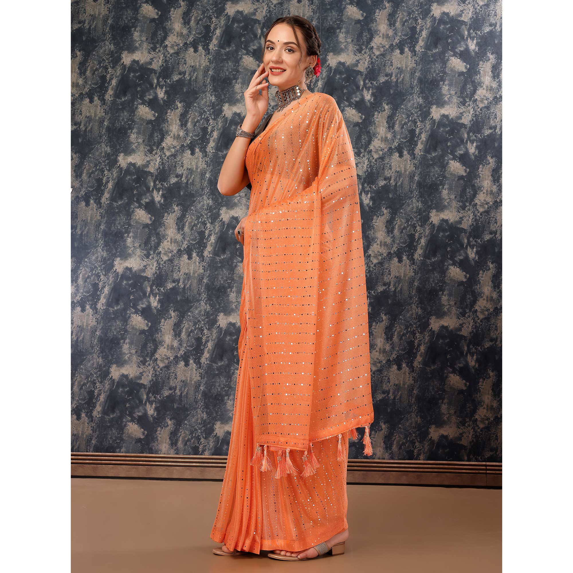 Orange Tikali Work Lycra Saree With Tassels