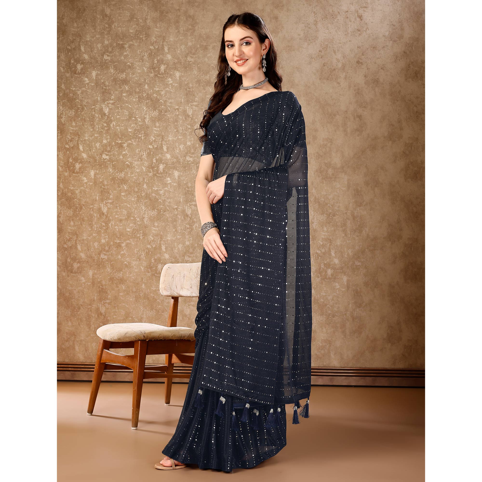 Dark Blue Tikali Work Lycra Saree With Tassels