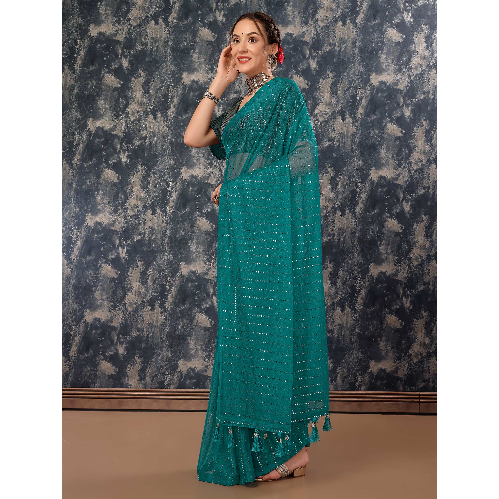 Teal Tikali Work Lycra Saree With Tassels