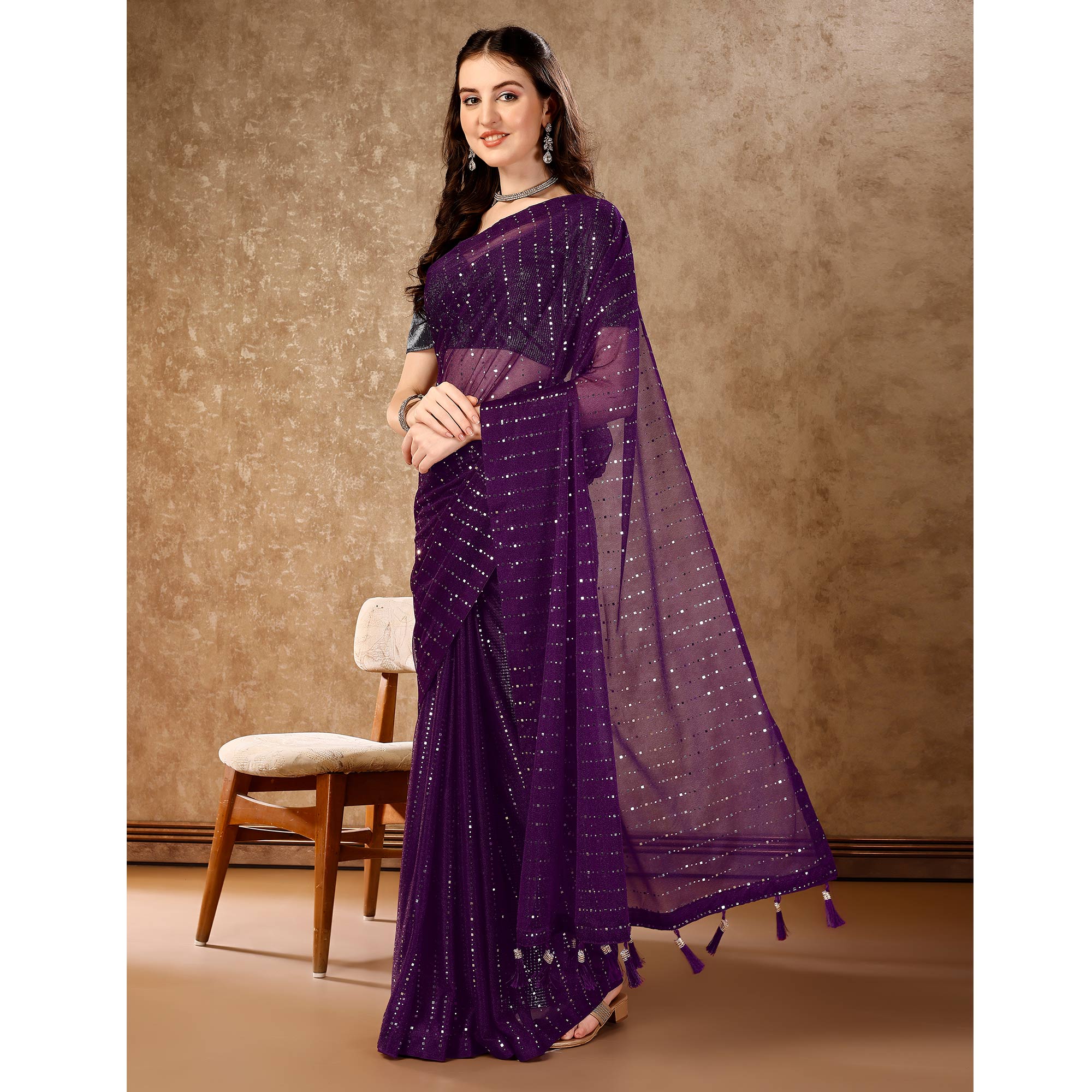 Purple Tikali Work Lycra Saree With Tassels