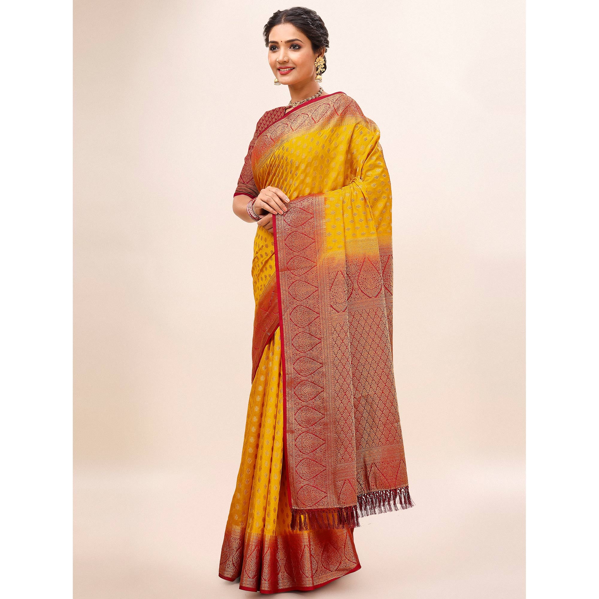 Yellow Woven Dola Silk Saree With Tassels