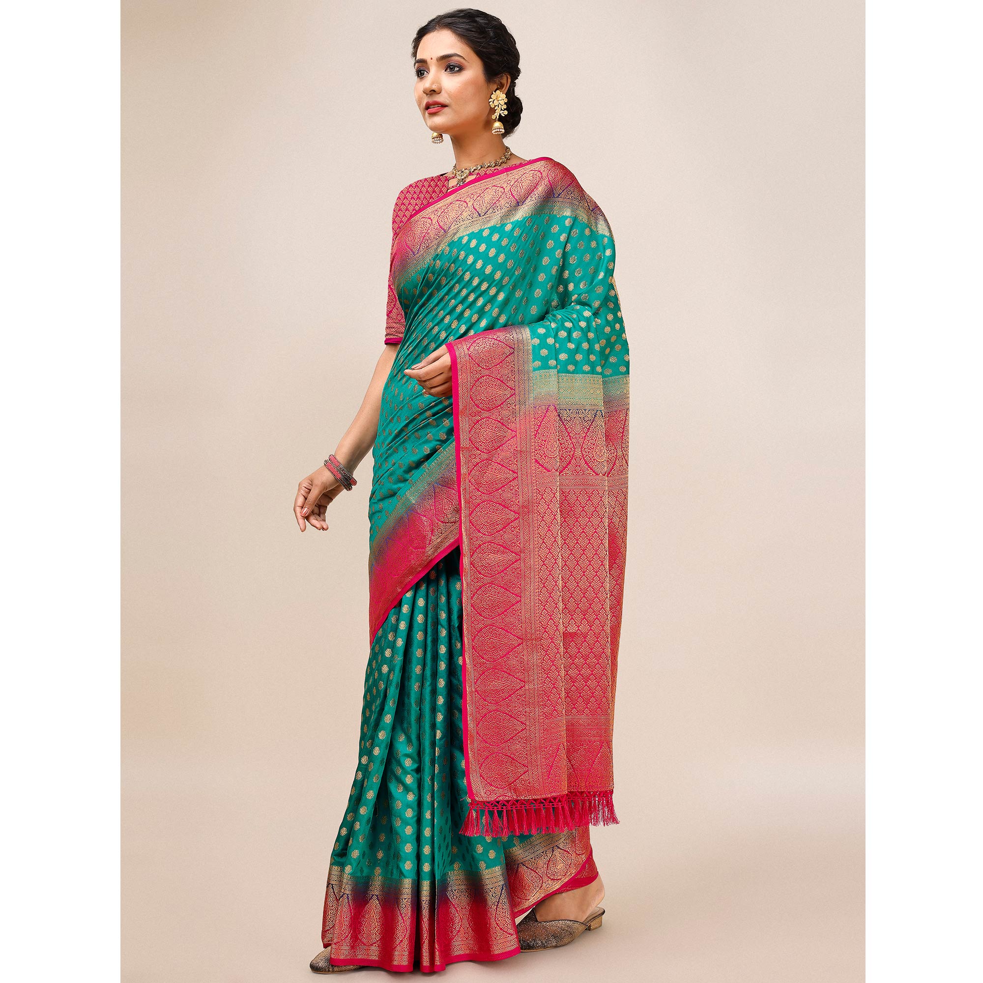 Rama Green Woven Dola Silk Saree With Tassels