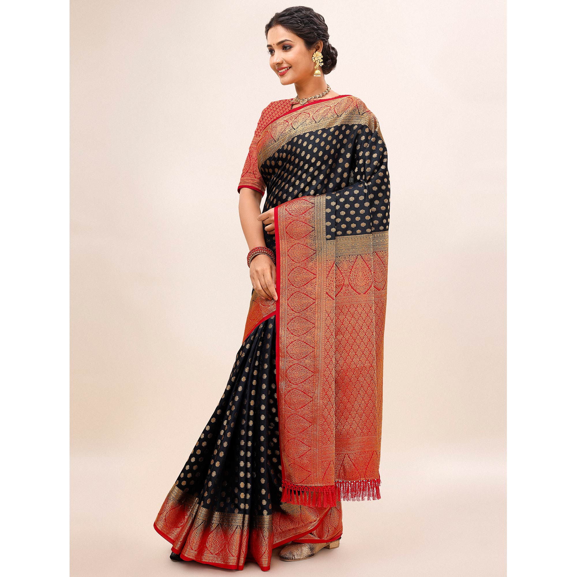 Black Woven Dola Silk Saree With Tassels