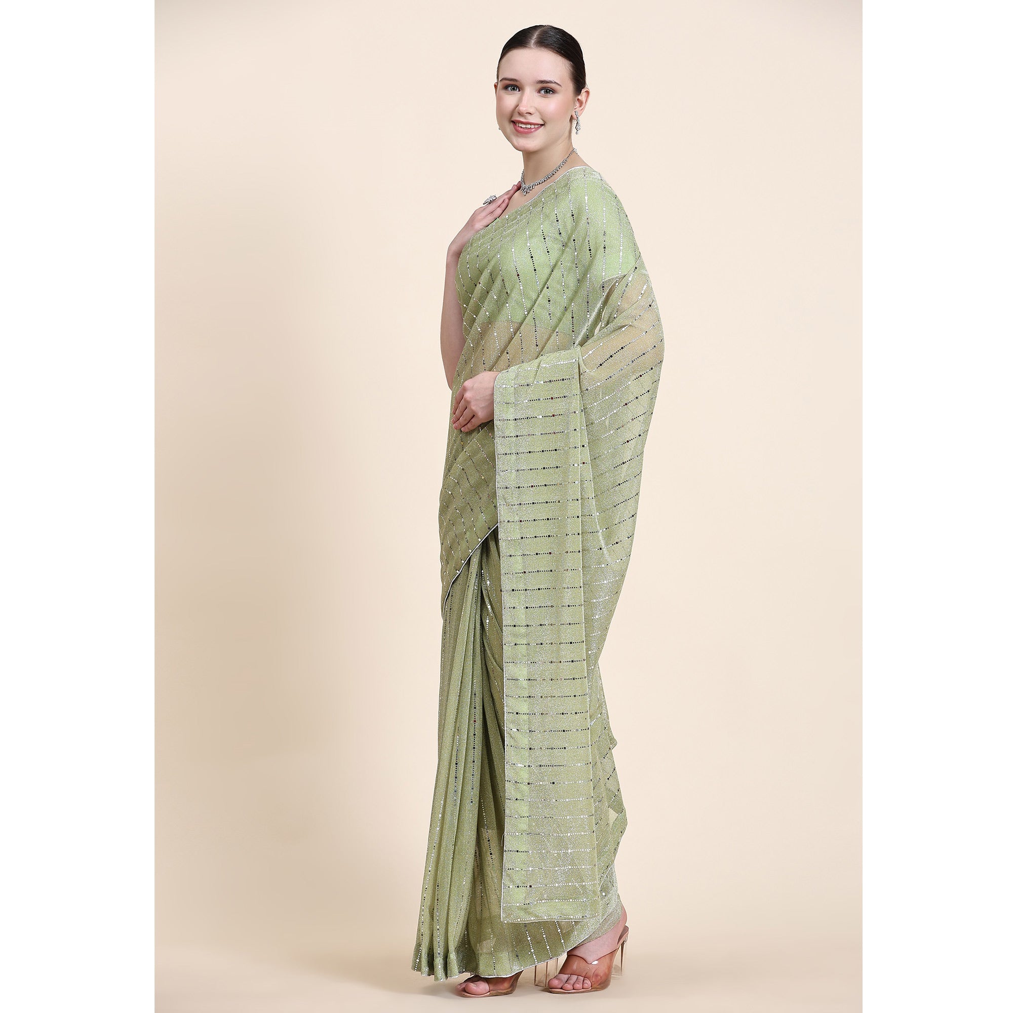 Pista Green Tikali Work Lycra Saree