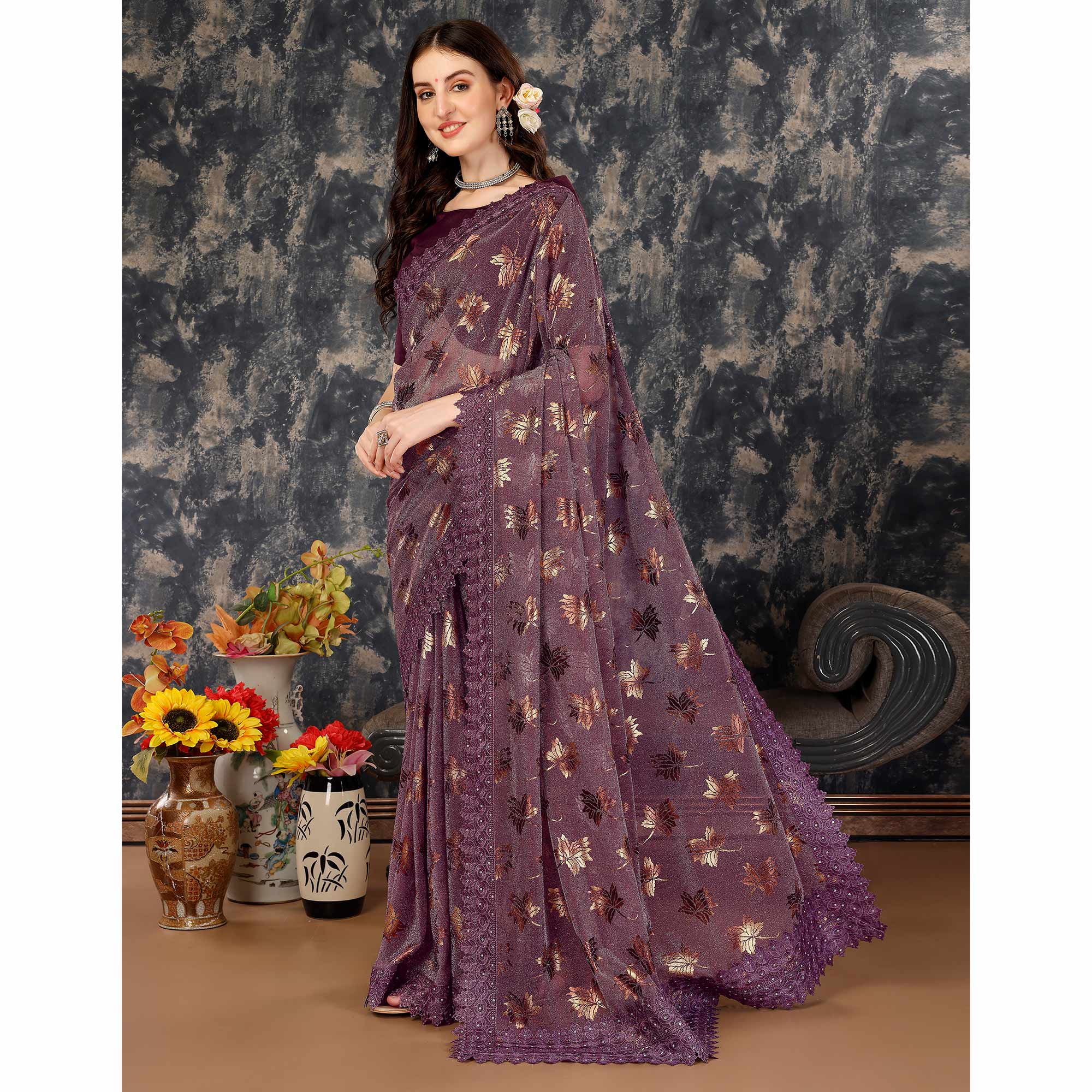 Purple Foil Printed Lycra Saree With Embroidered Lace Border