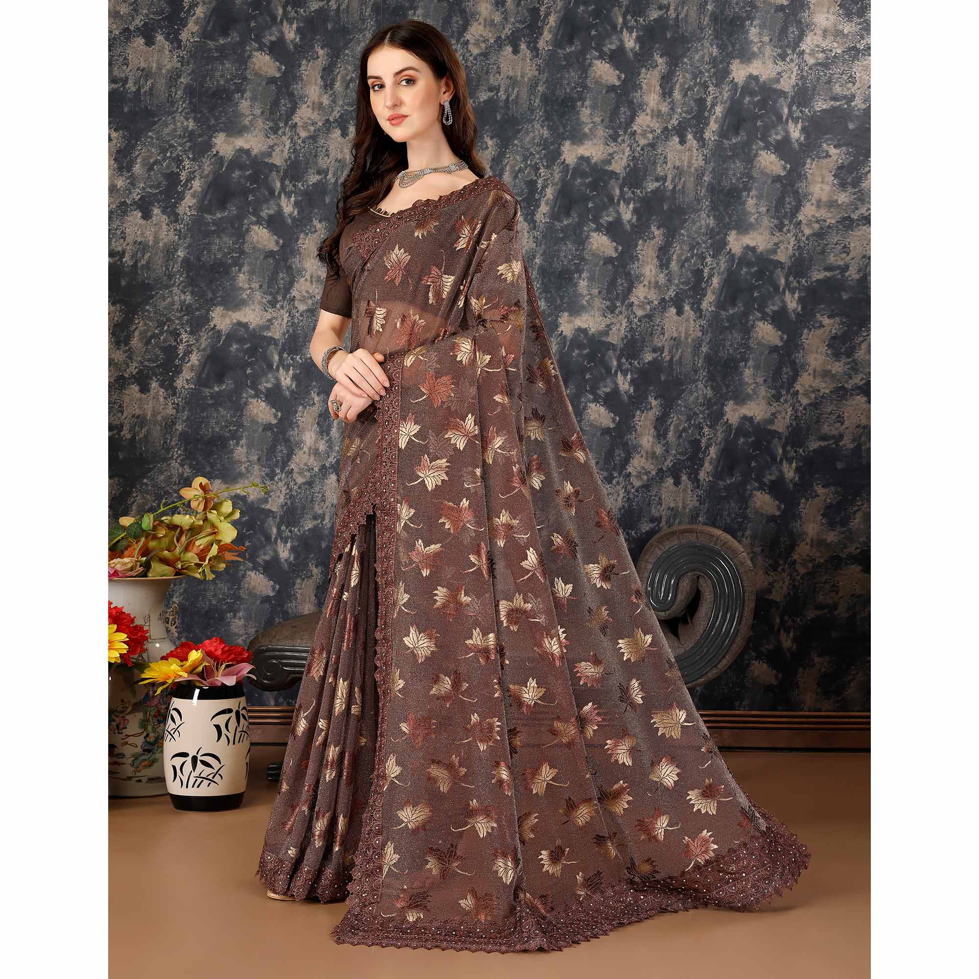 Brown Foil Printed Lycra Saree With Embroidered Lace Border