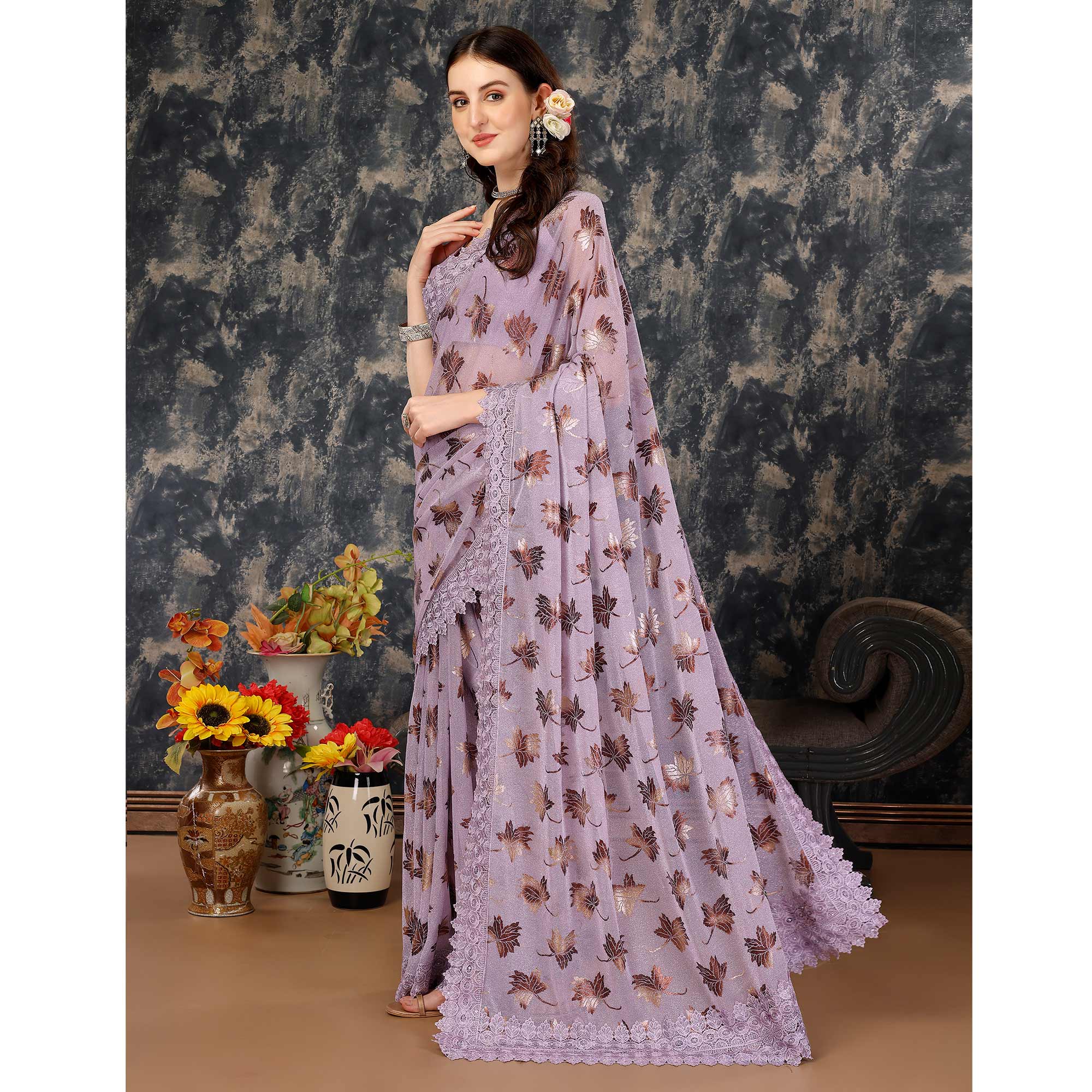 Light Purple Foil Printed Lycra Saree With Embroidered Lace Border