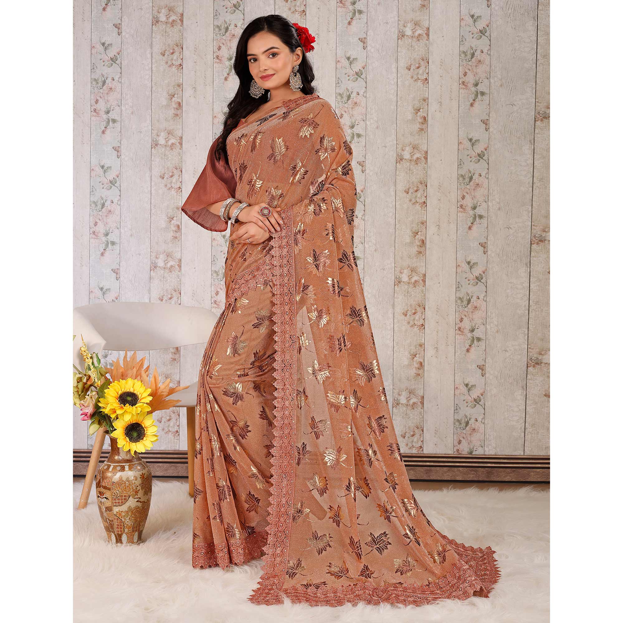 Dusty Peach Foil Printed Lycra Saree With Embroidered Lace Border