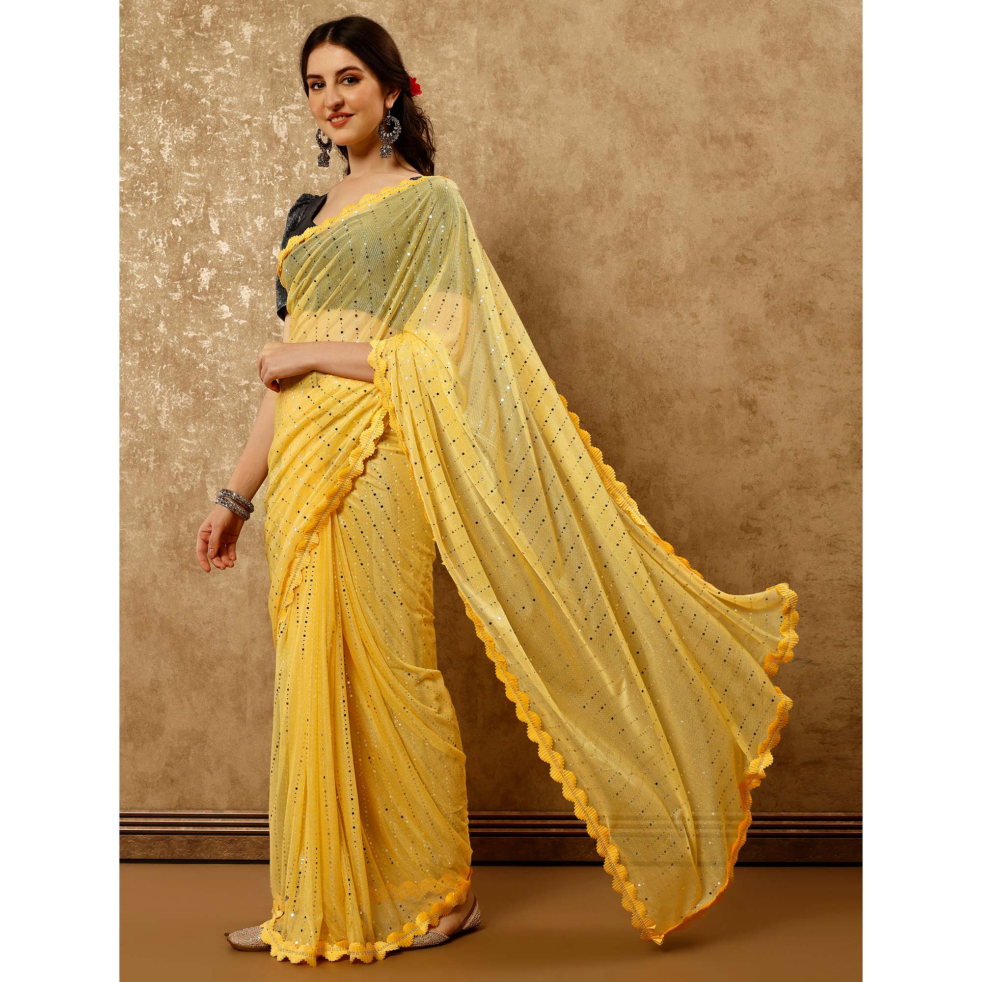 Yellow Tikali With Swarovski Work Lycra Ready To Wear Saree