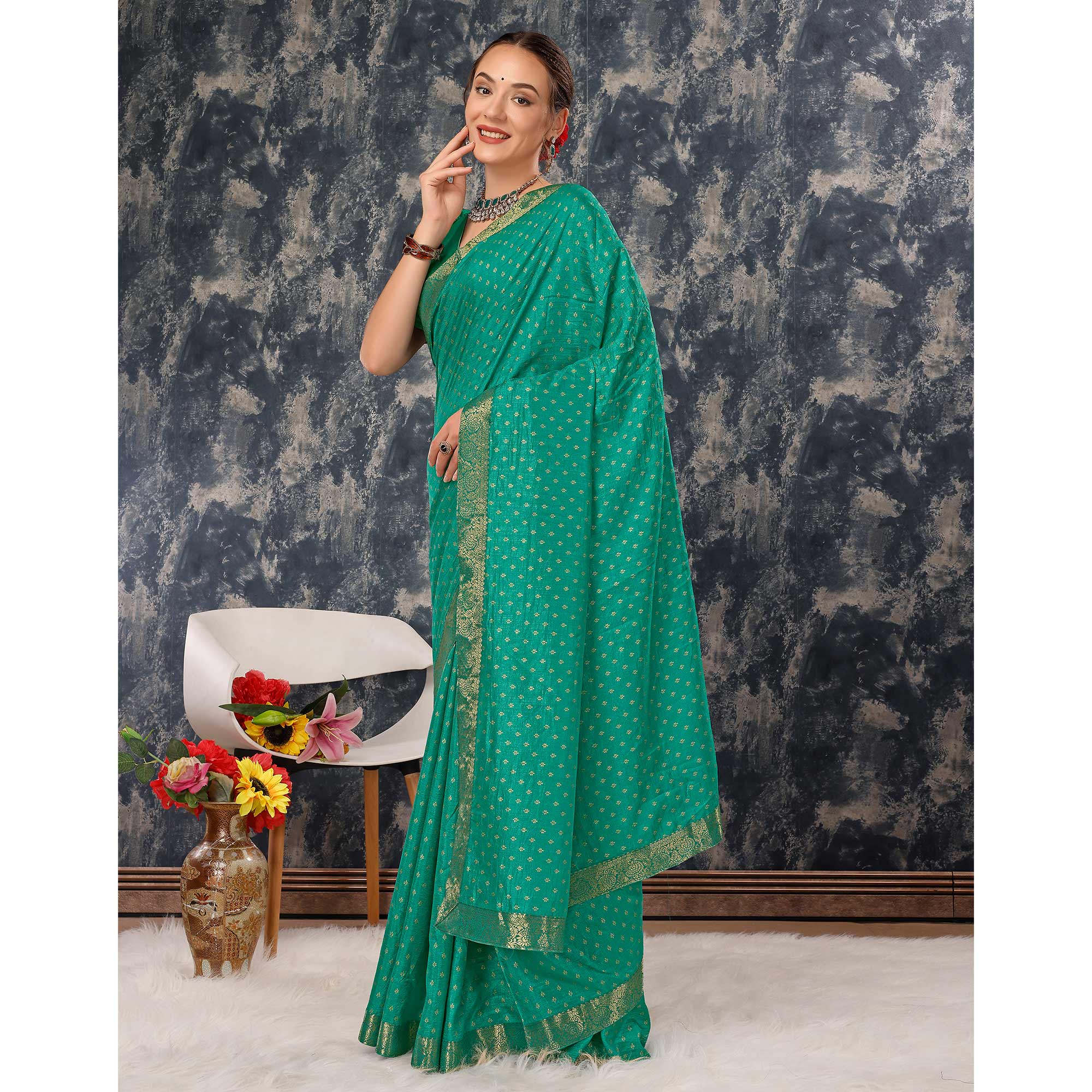 Rama Green Floral Foil Printed Vichitra Silk Saree With Lace Border