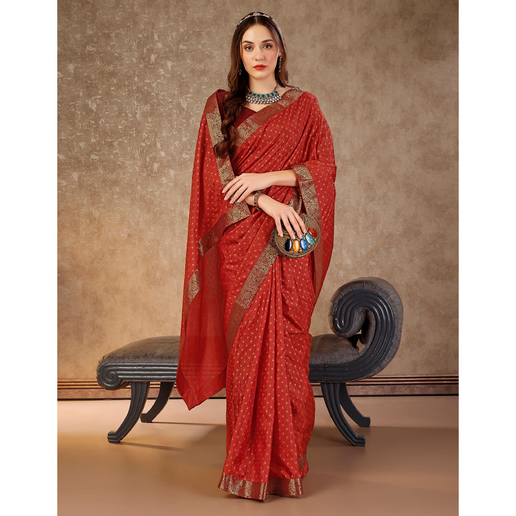 Rust Floral Foil Printed Vichitra Silk Saree With Lace Border