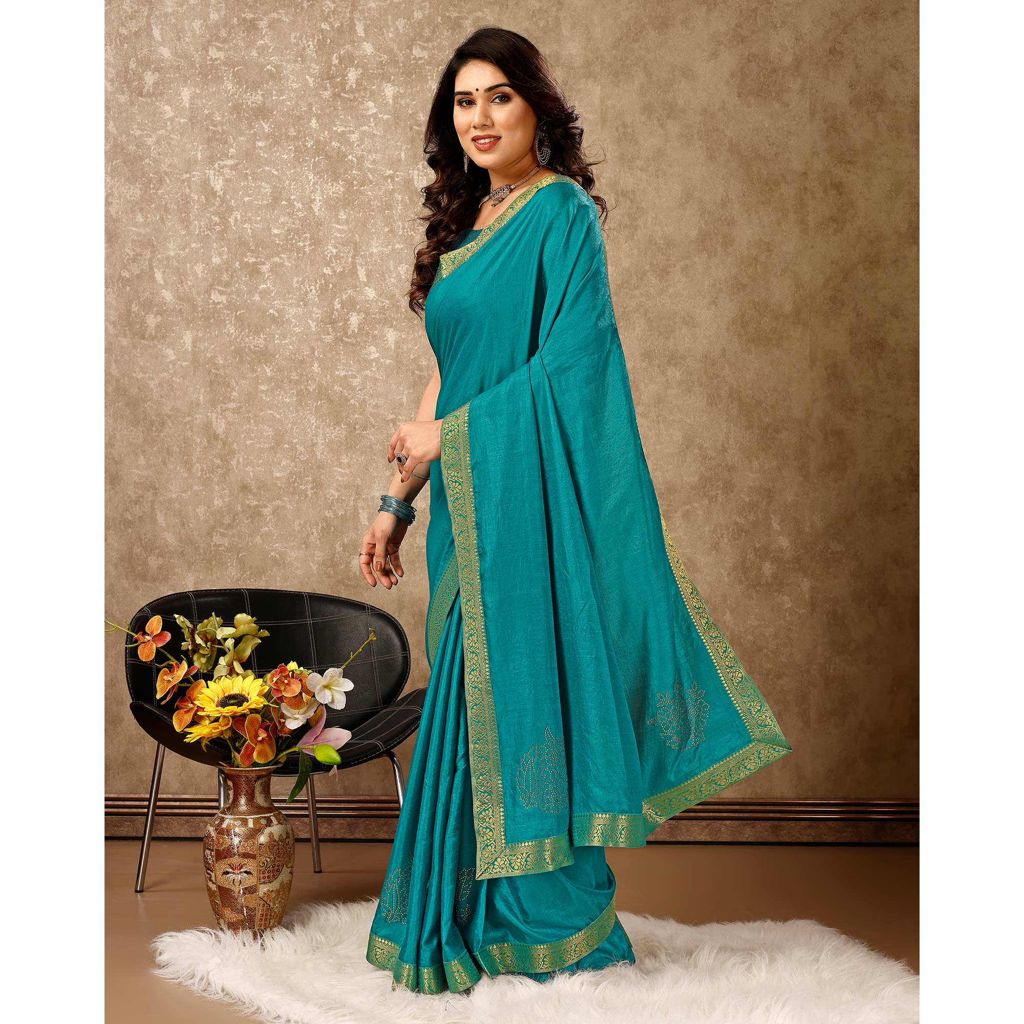 Blue Floral Swarovski Work Vichitra Silk Saree With Lace Border