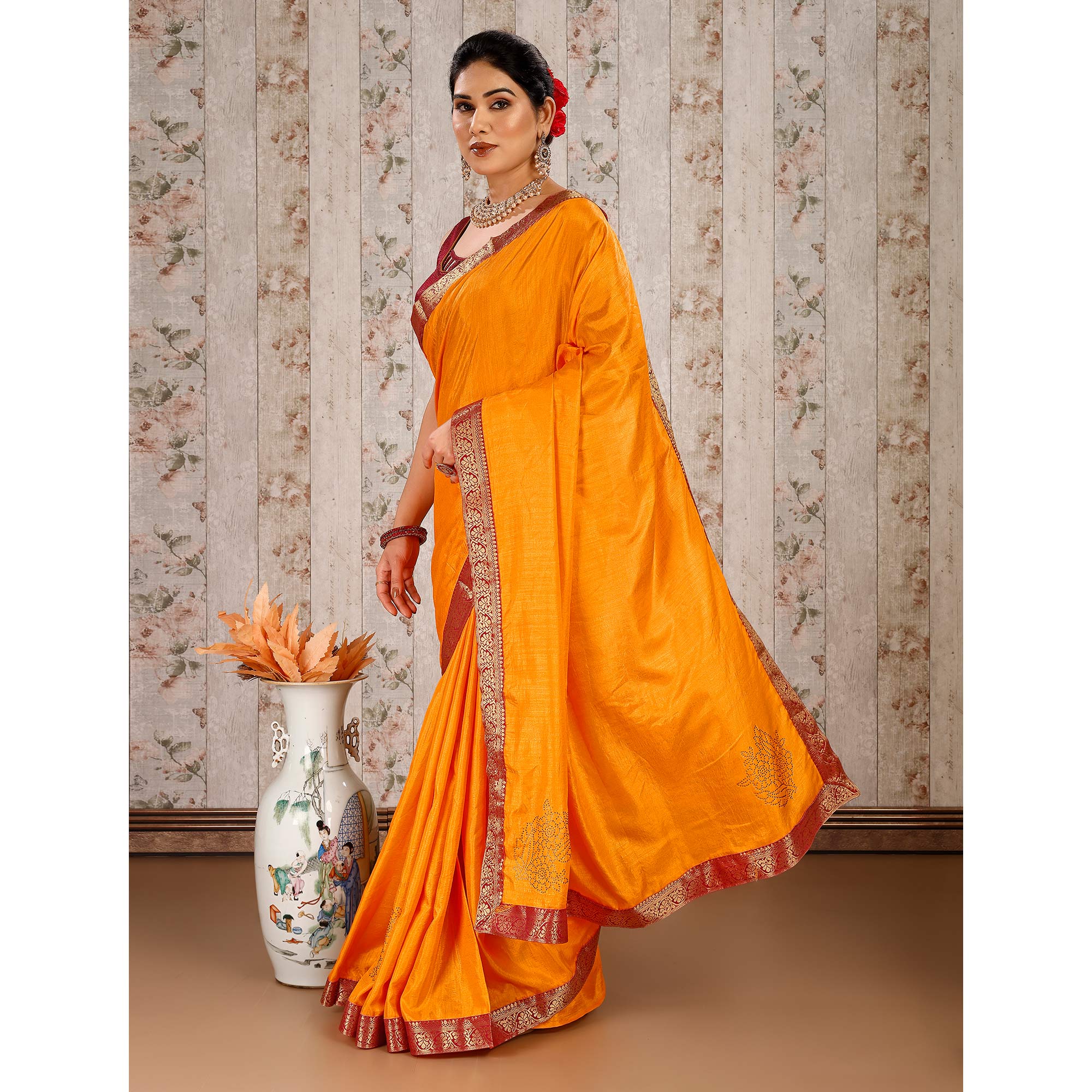 Yellow Floral Swarovski Work Vichitra Silk Saree With Lace Border