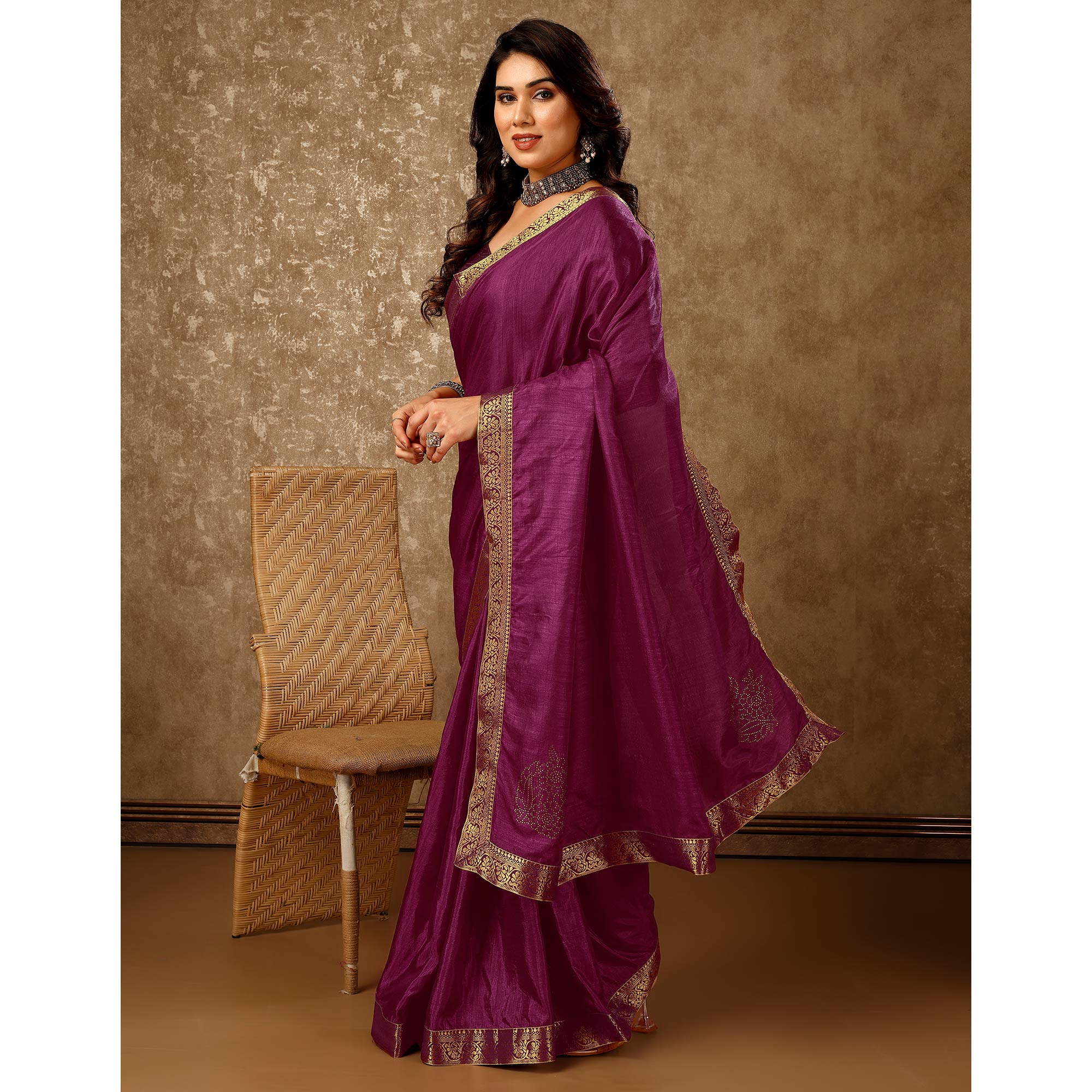 Purple Floral Swarovski Work Vichitra Silk Saree With Lace Border