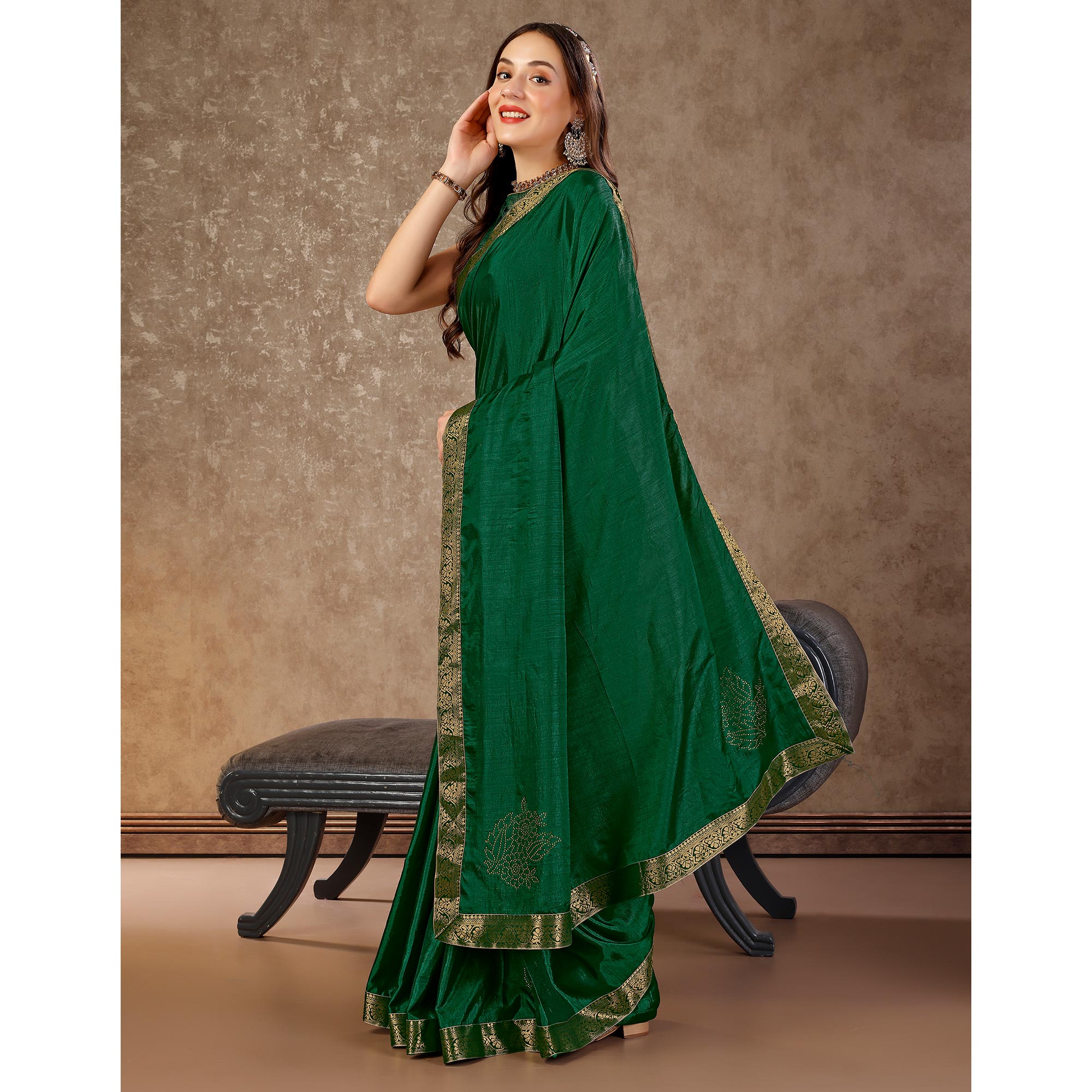 Green Floral Swarovski Work Vichitra Silk Saree With Lace Border