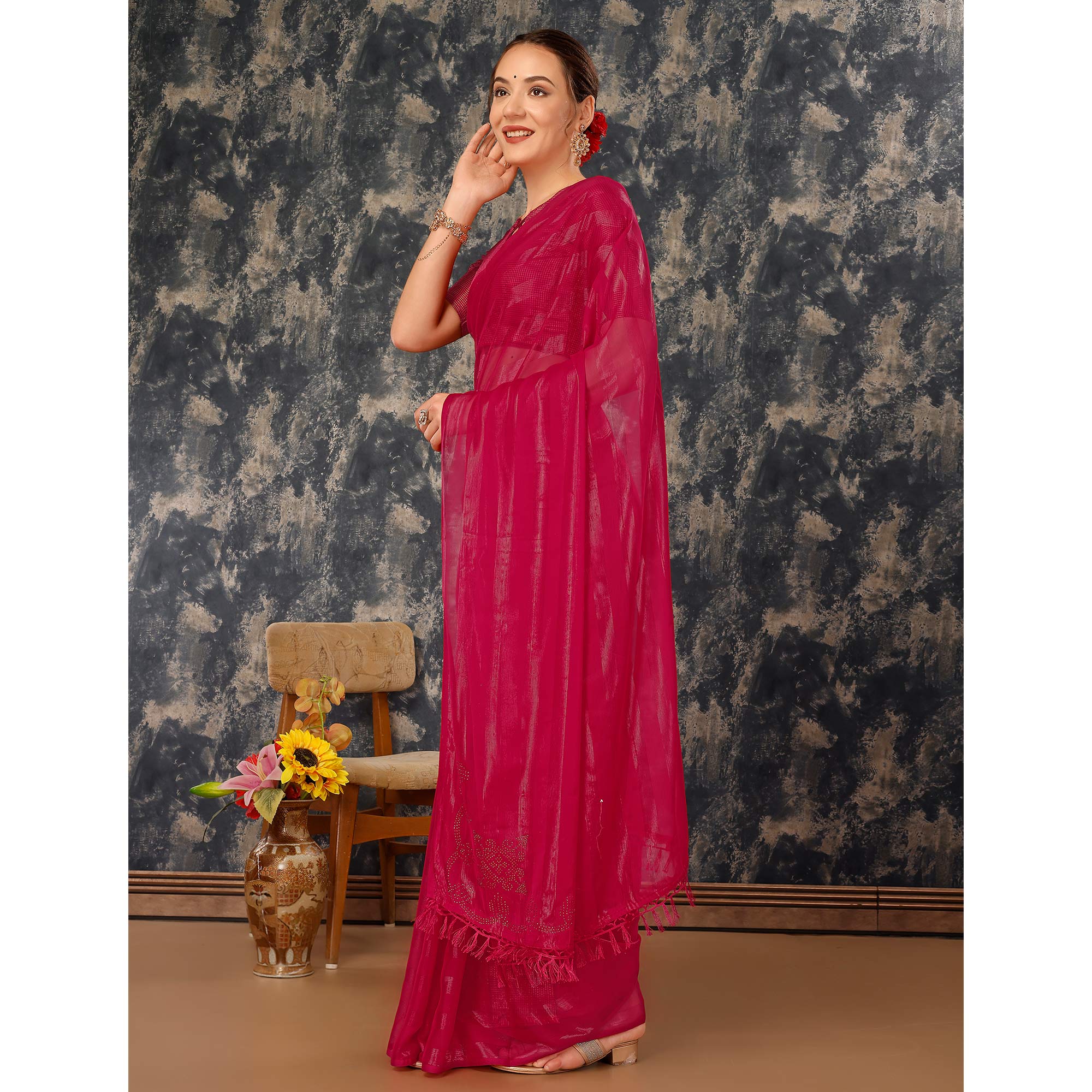 Rani Pink Swarovski Work Chiffon Saree With Tassels