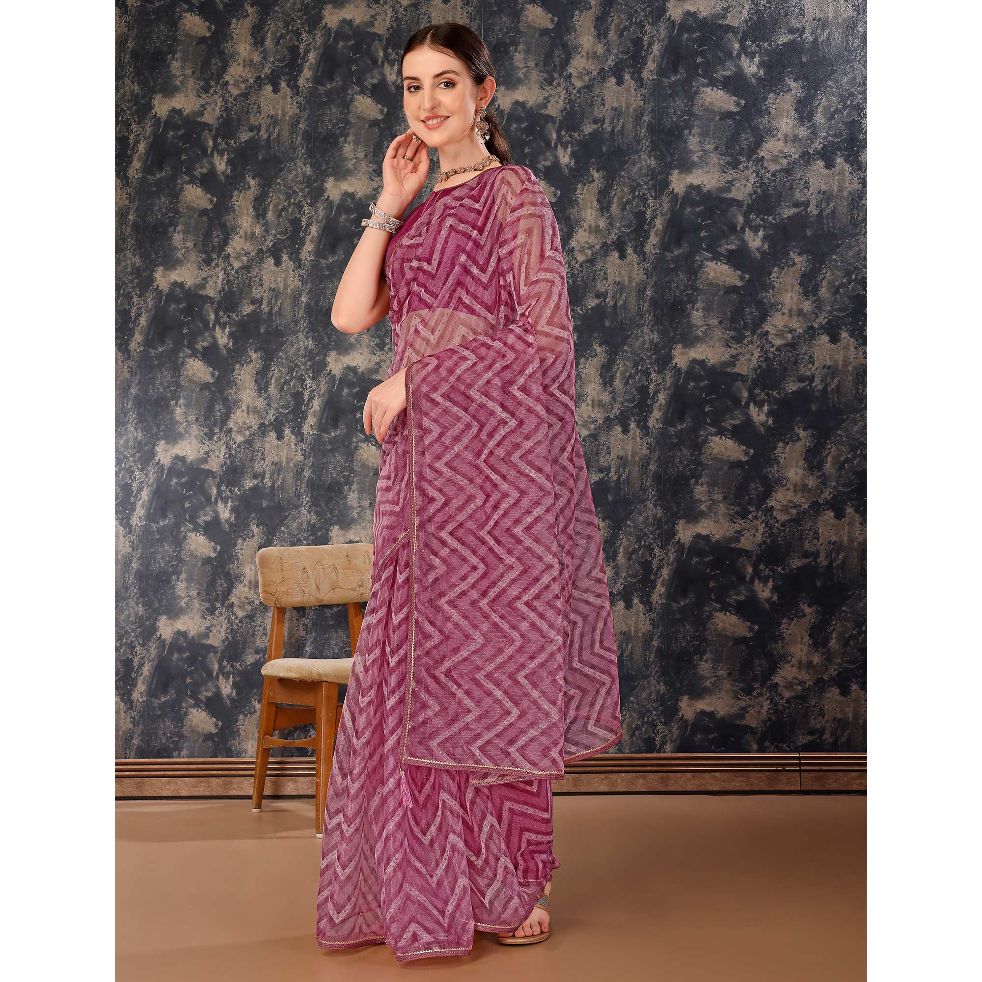 Purple Printed With Zari Work Cotton Silk Saree With Lace Border