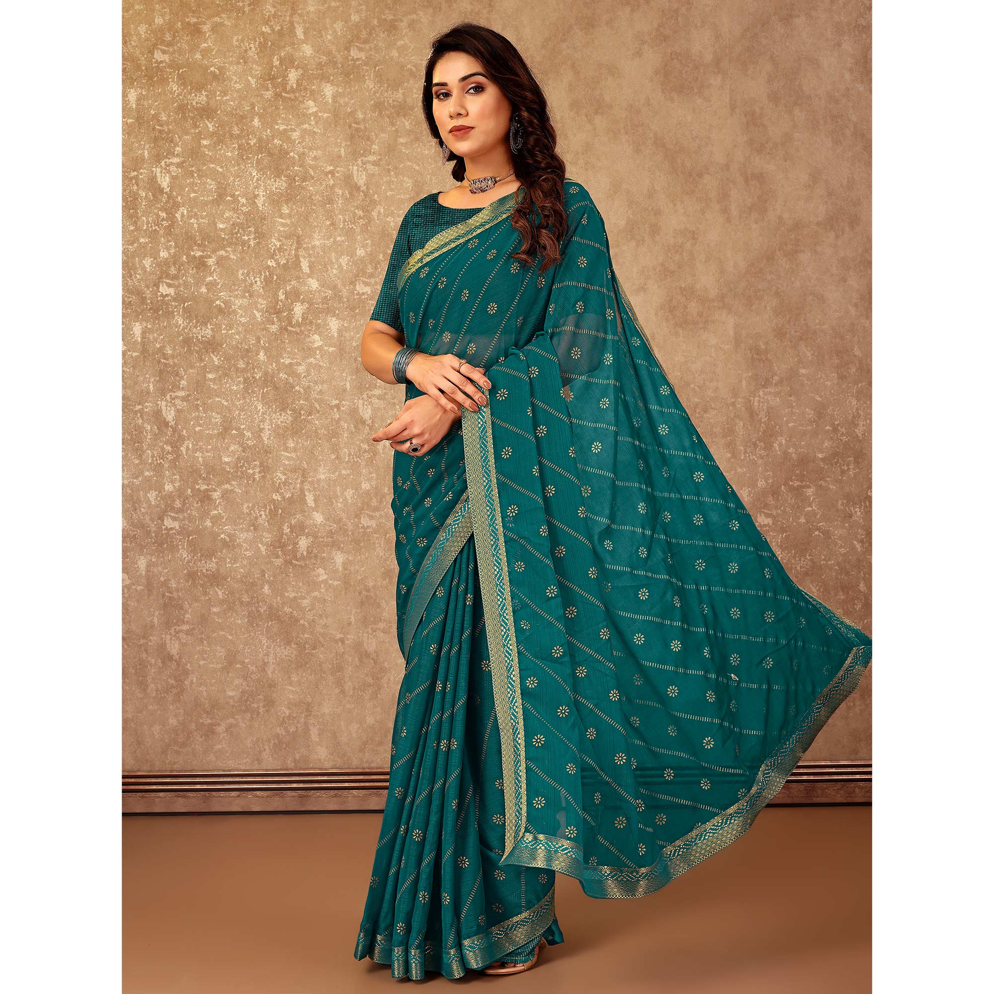 Teal Floral Foil Printed Chiffon Saree With Lace Border