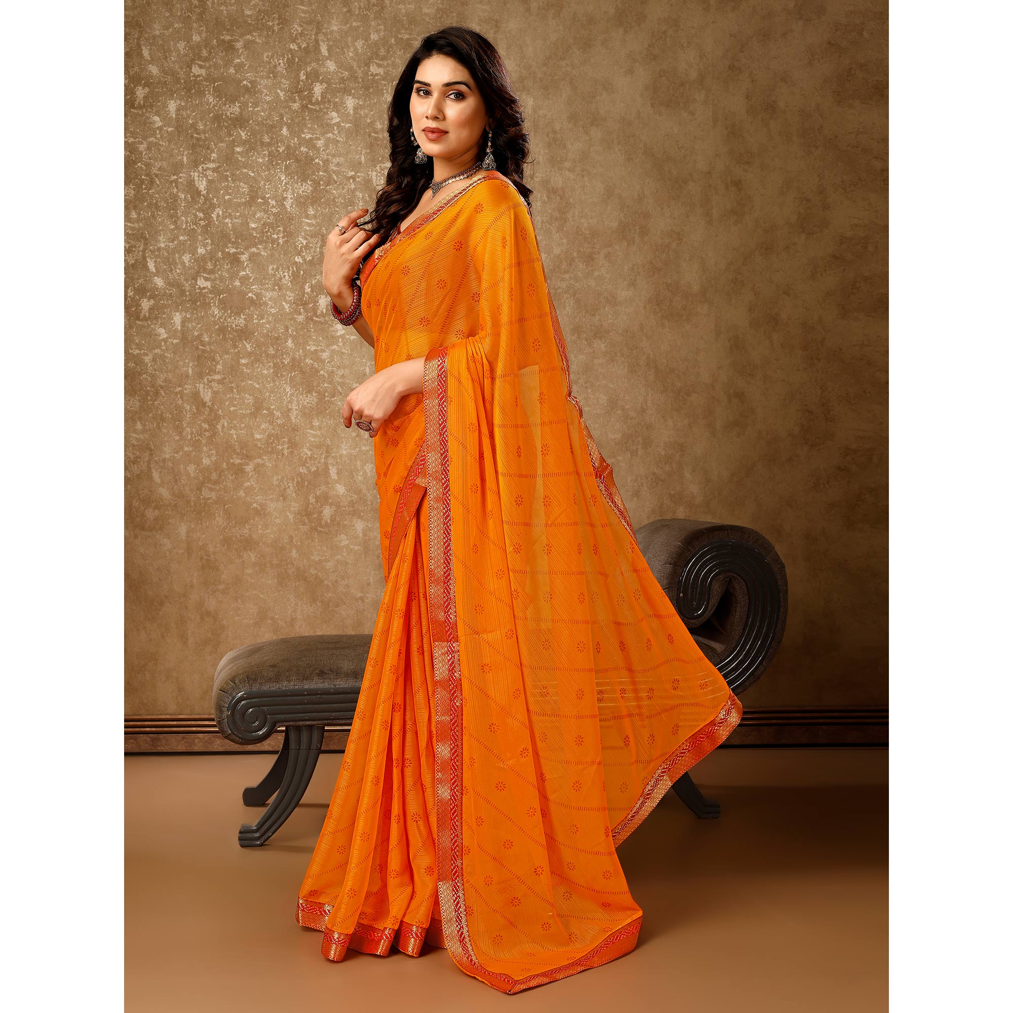 Orange Floral Foil Printed Chiffon Saree With Lace Border