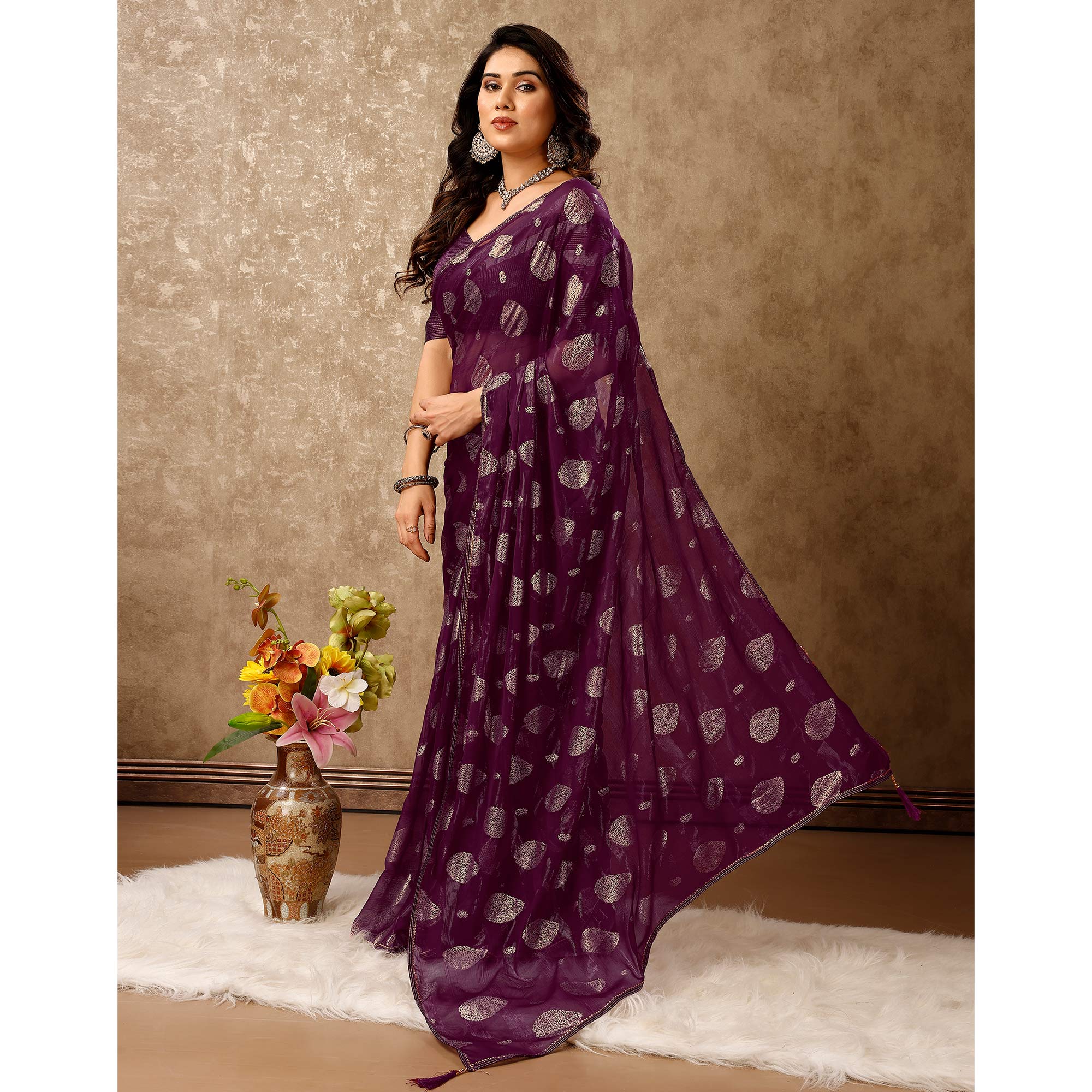 Purple Foil Printed Chiffon Saree With Gota Patti Lace Border